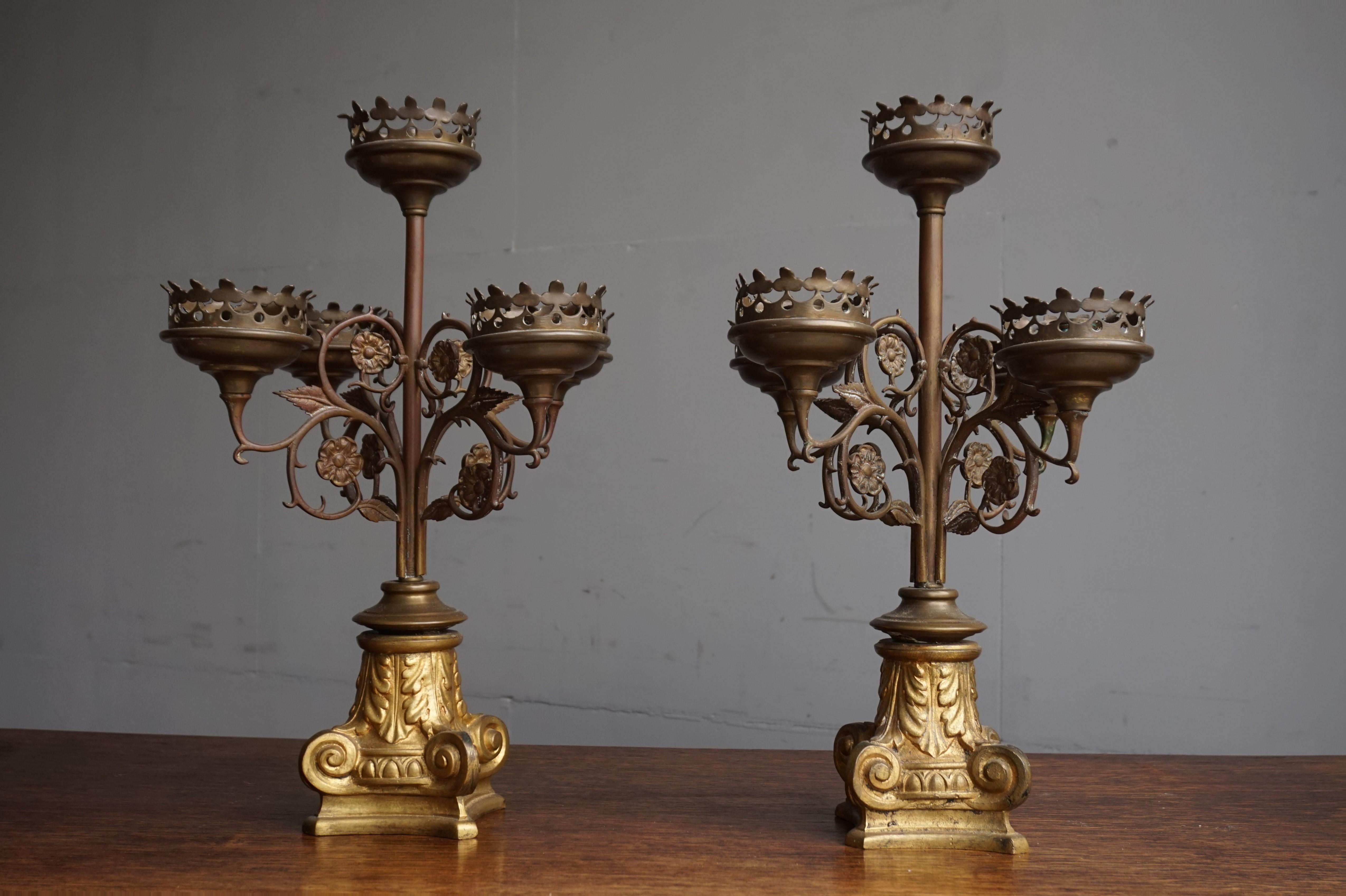 Antique Gothic Revival Pair of Bronze & Brass Table Candelabras / Candle Stands 12