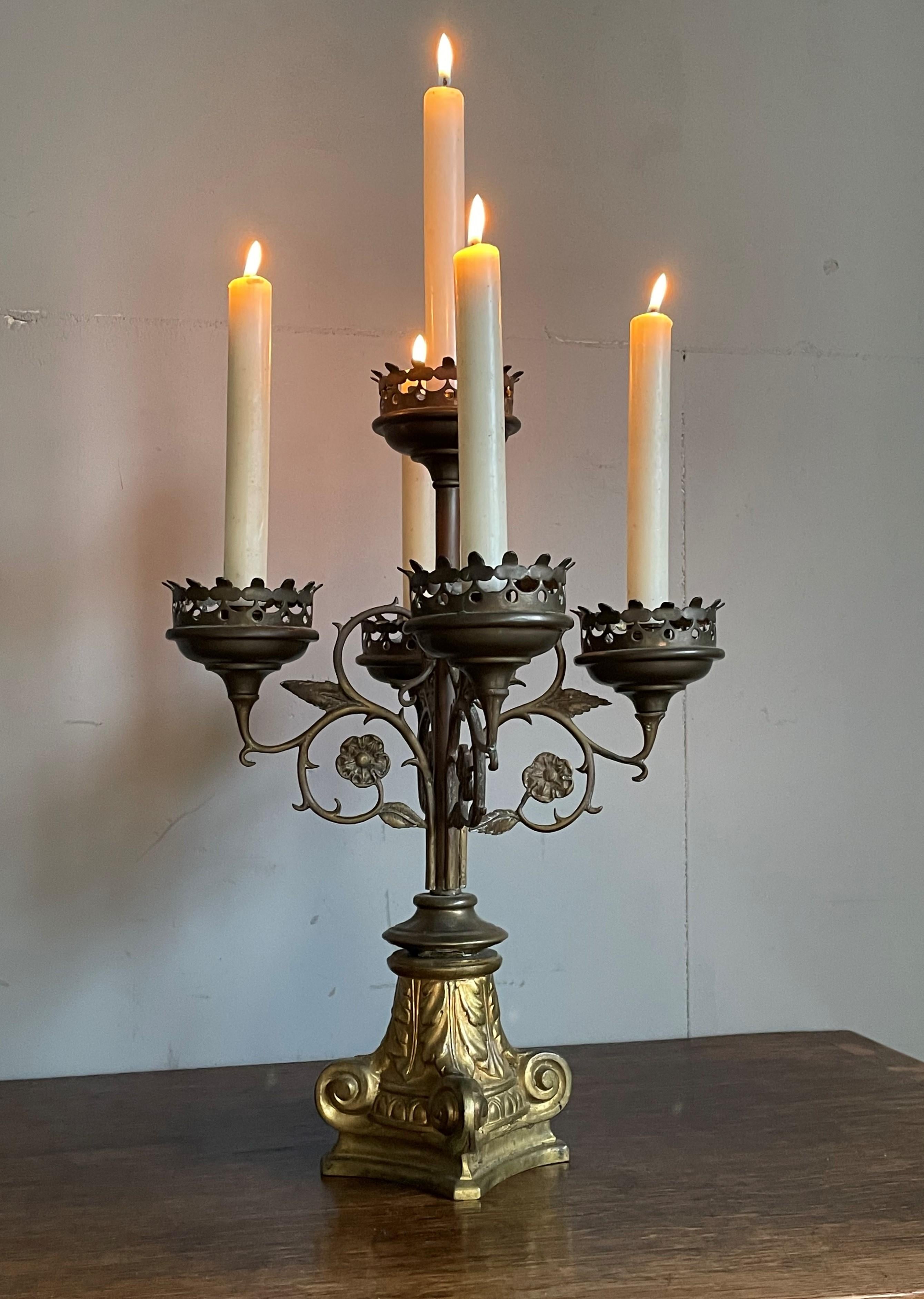 Antique Gothic Revival Pair of Bronze & Brass Table Candelabras / Candle Stands 13