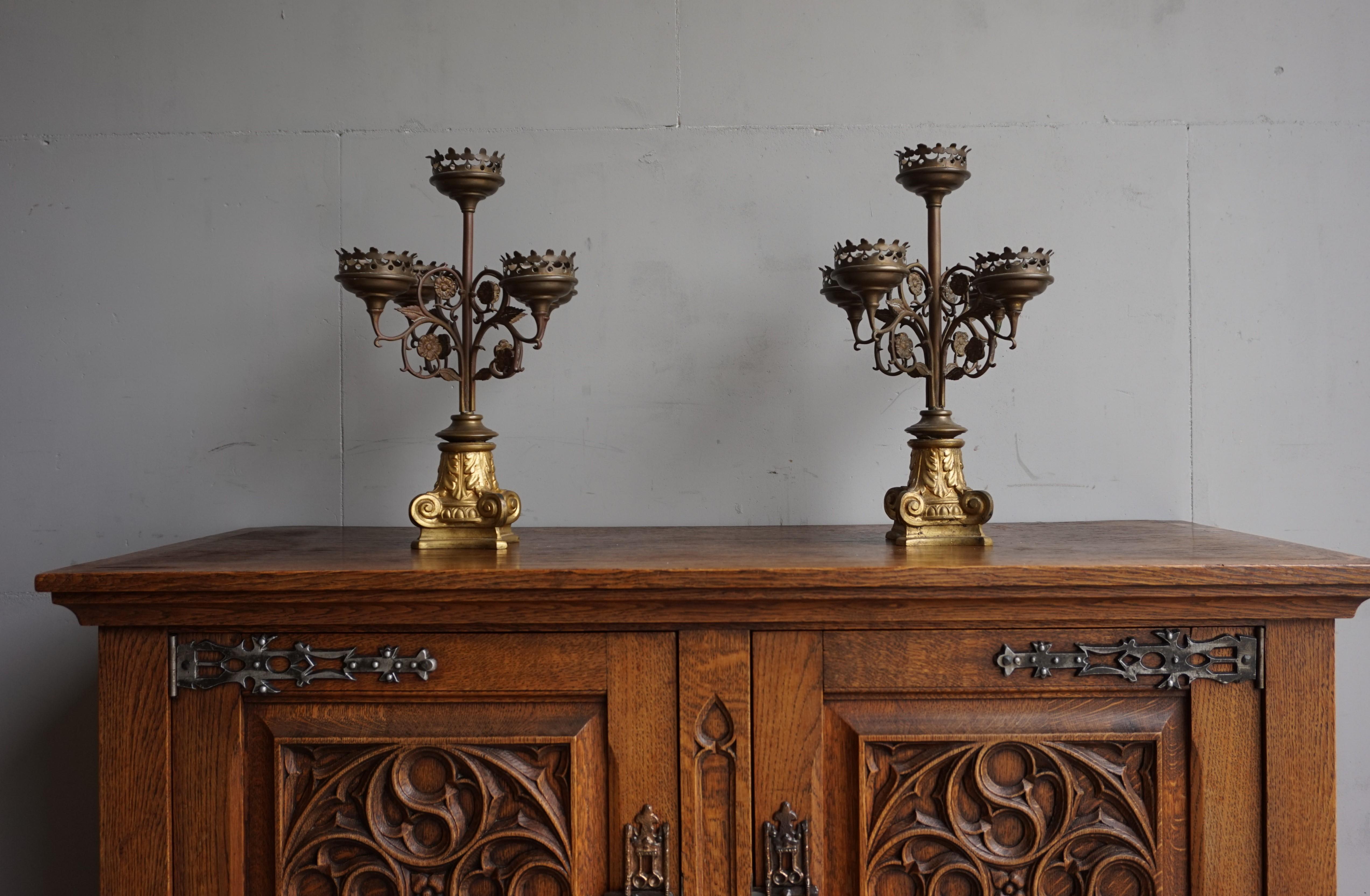 Pair of Gothic church candlesticks for 5 candles each.

For the collectors and enthousiasts of the Gothic Style we also have this rare pair of Gothic church table candelabras. These fine specimen are made around 1890-1910. They are all