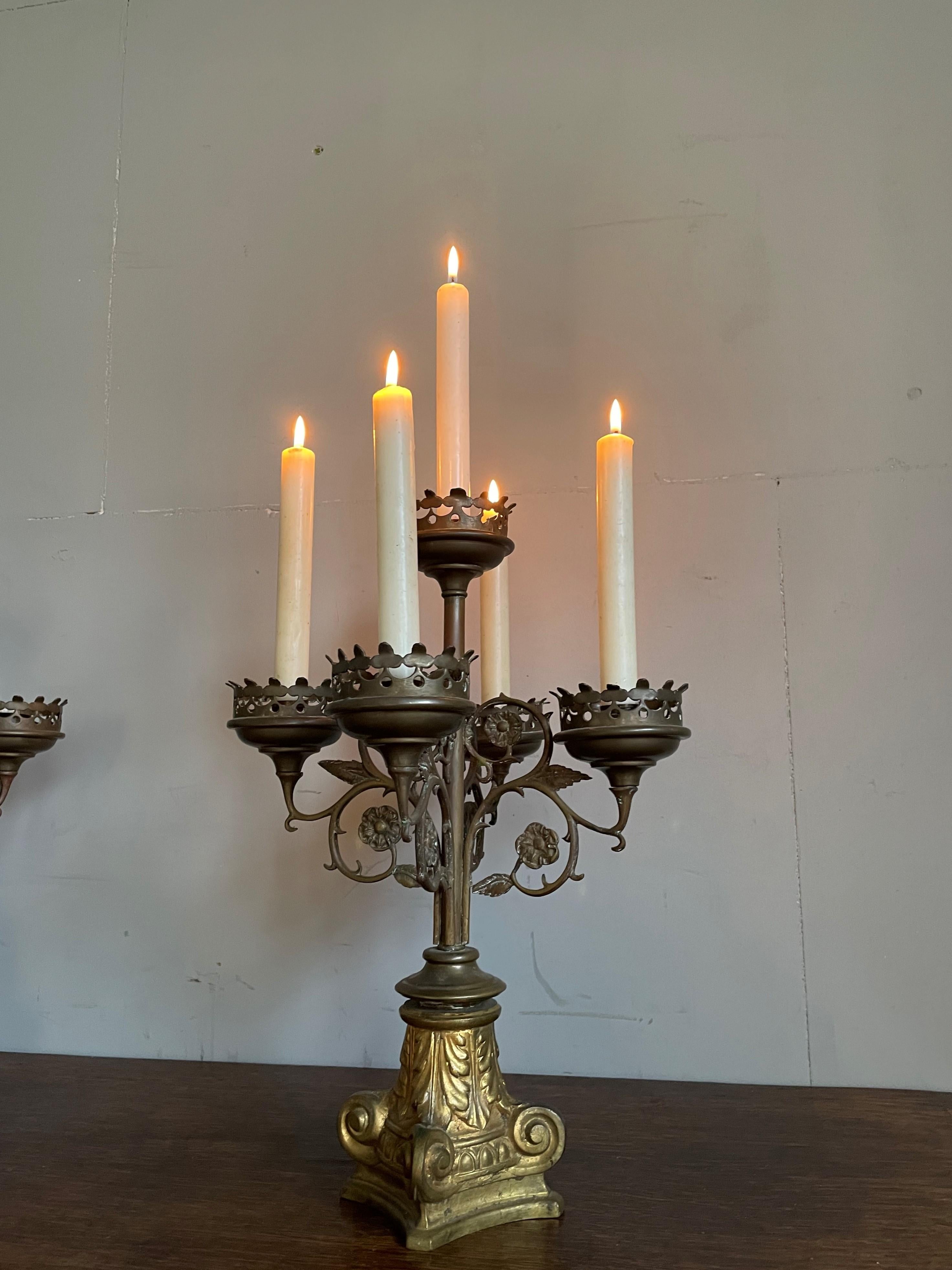 Antique Gothic Revival Pair of Bronze & Brass Table Candelabras / Candle Stands In Good Condition In Lisse, NL