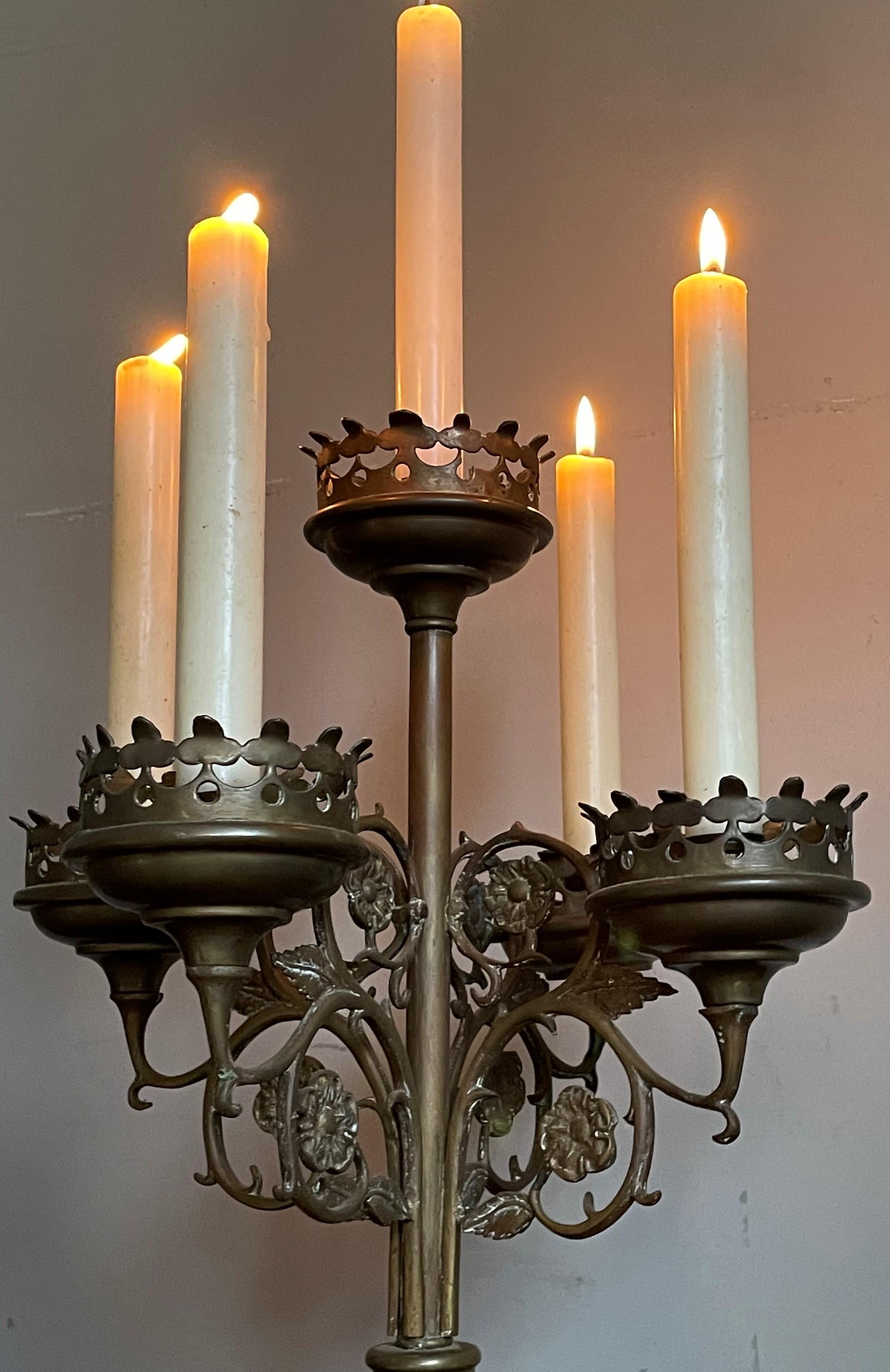 20th Century Antique Gothic Revival Pair of Bronze & Brass Table Candelabras / Candle Stands