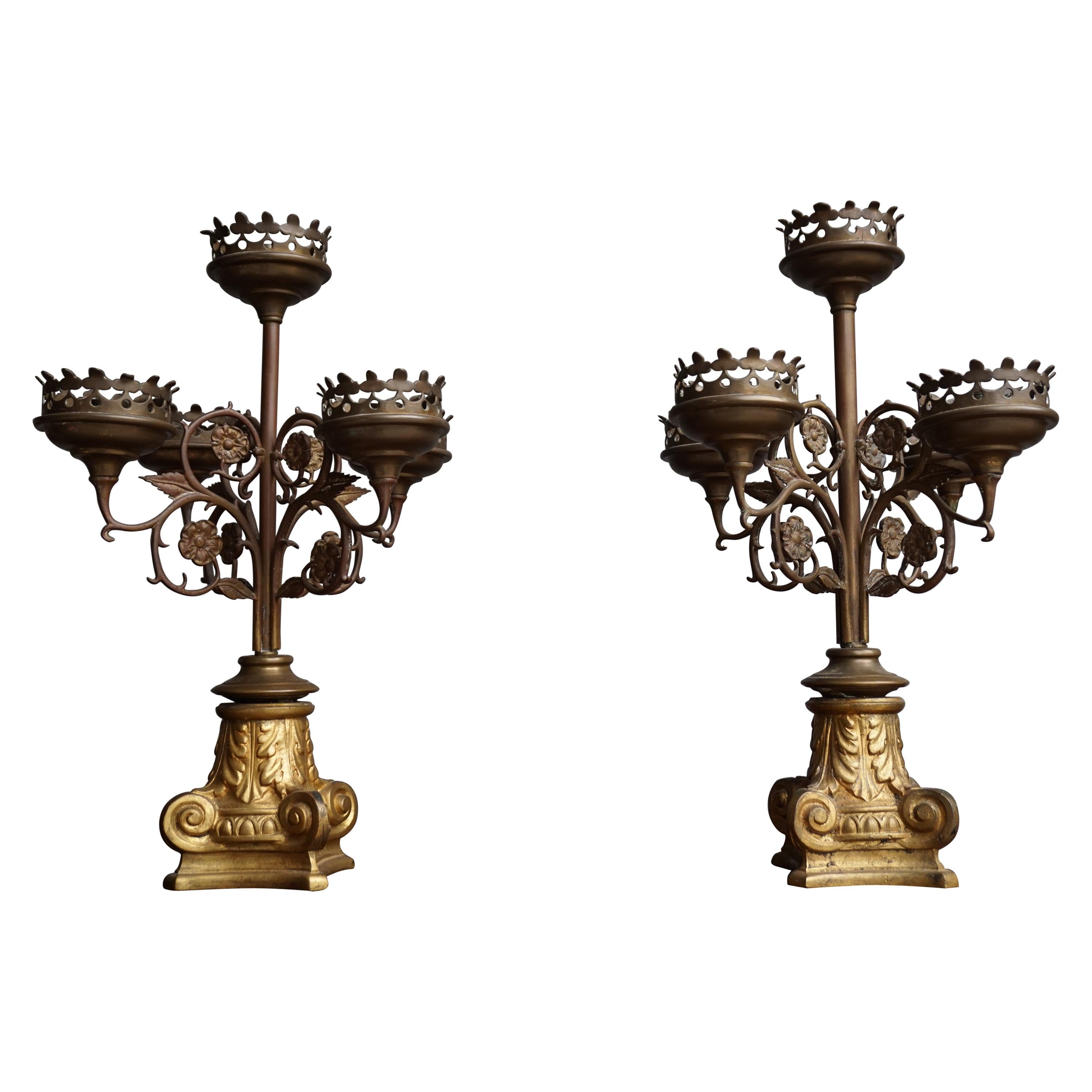 Antique Gothic Revival Pair of Bronze & Brass Table Candelabras / Candle Stands