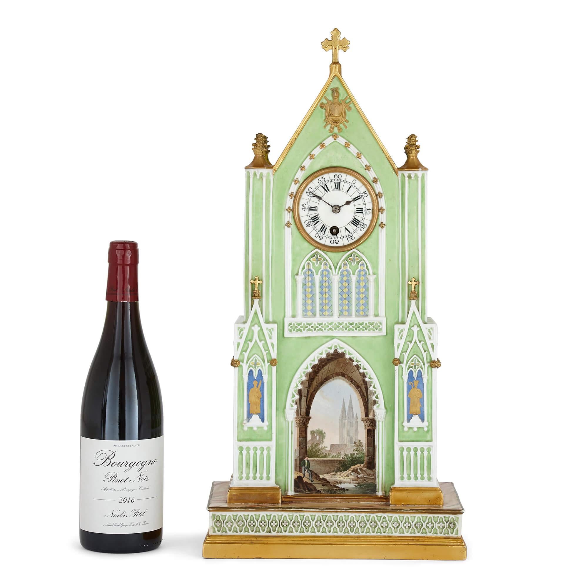 Antique Gothic Revival Porcelain Clock by Dagoty & Honoré For Sale 2