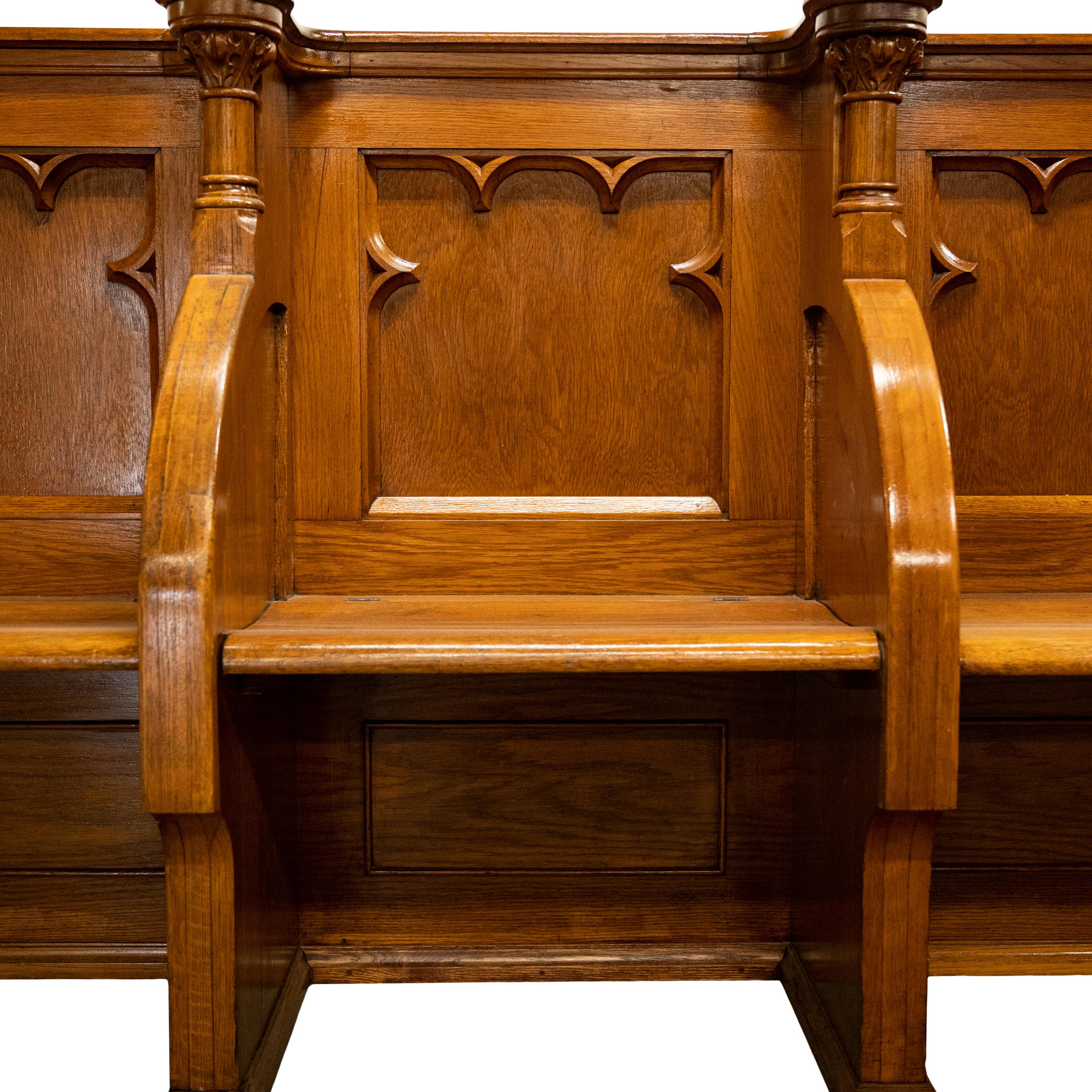 Antique Gothic Revival Pugin Carved Oak Church 3 Seat Pew Bench Choir Stall 1850 5
