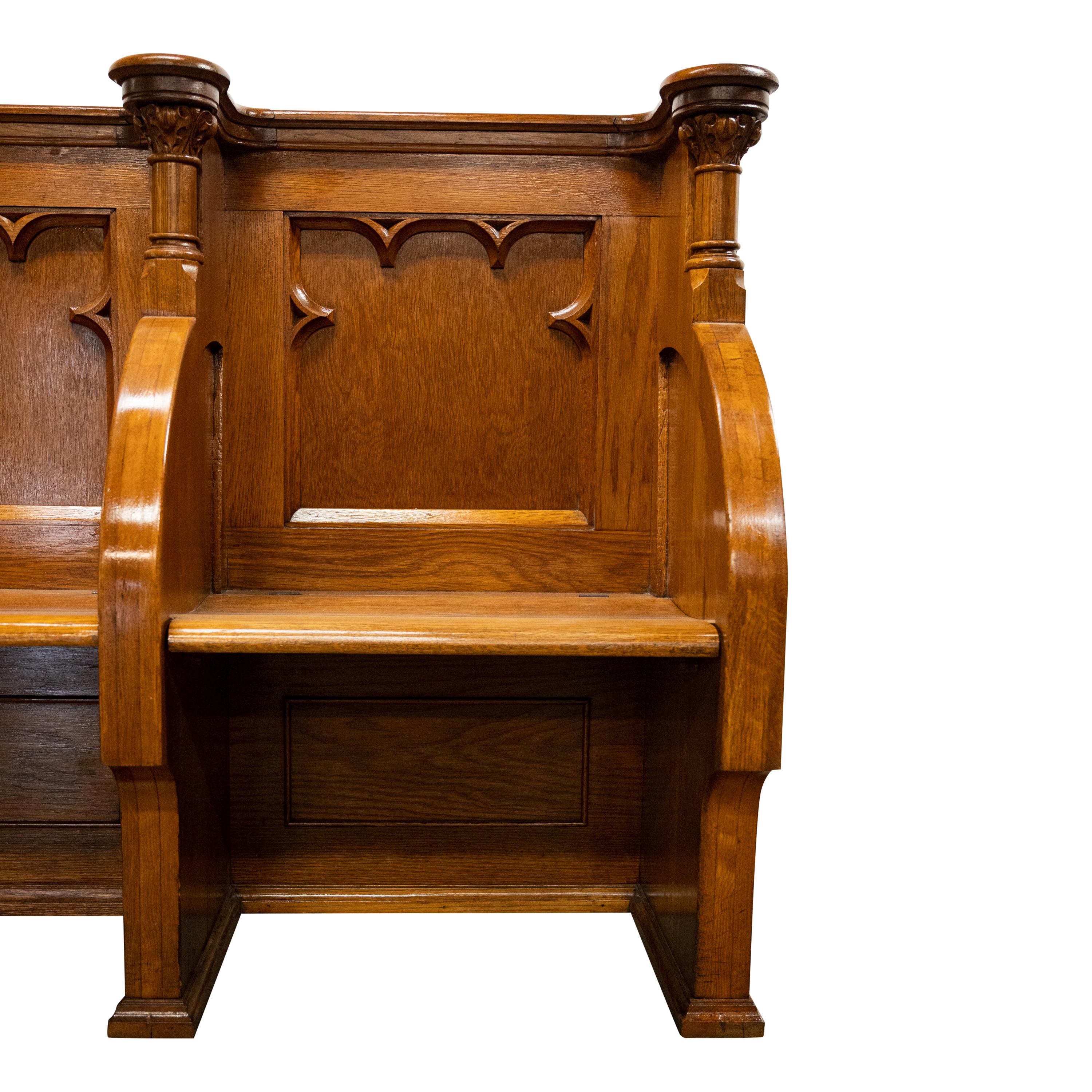 Antique Gothic Revival Pugin Carved Oak Church 3 Seat Pew Bench Choir Stall 1850 4
