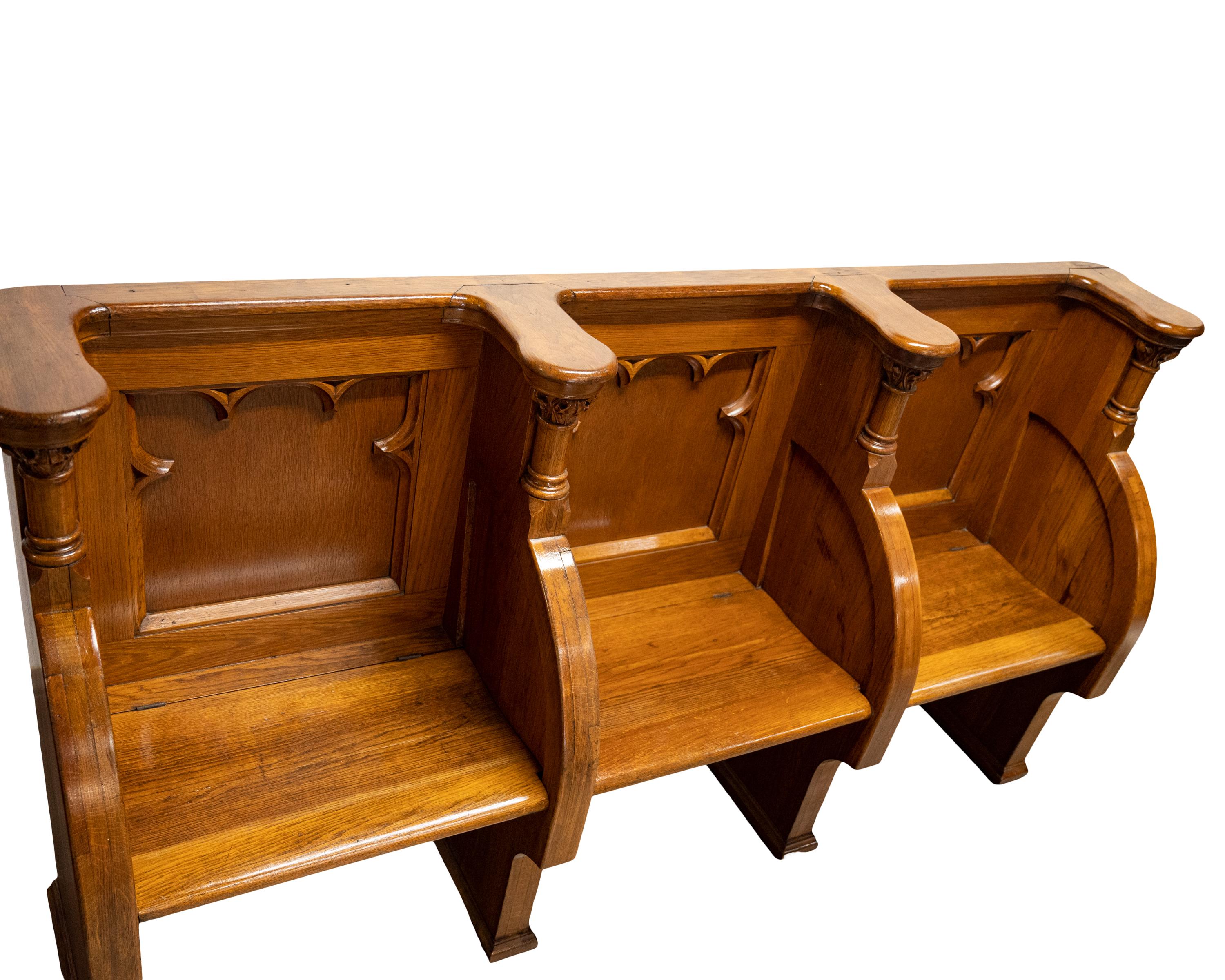 Antique Gothic Revival Pugin Carved Oak Church 3 Seat Pew Bench Choir Stall 1850 7