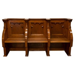 Antique Gothic Revival Pugin Carved Oak Church 3 Seat Pew Bench Choir Stall 1850