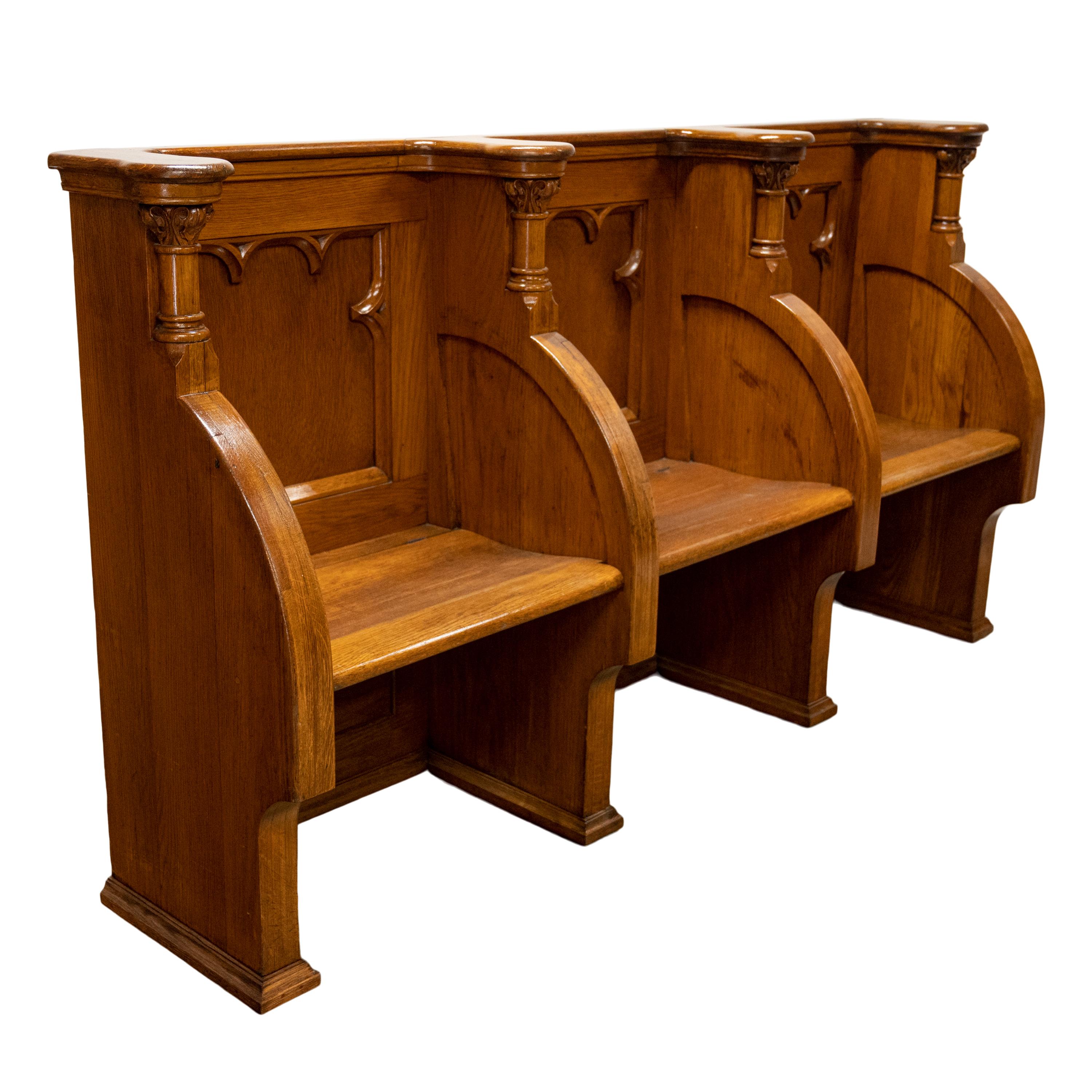 Mid-19th Century Antique Gothic Revival Pugin Carved Oak Church 3 Seat Pew Bench Choir Stall 1850