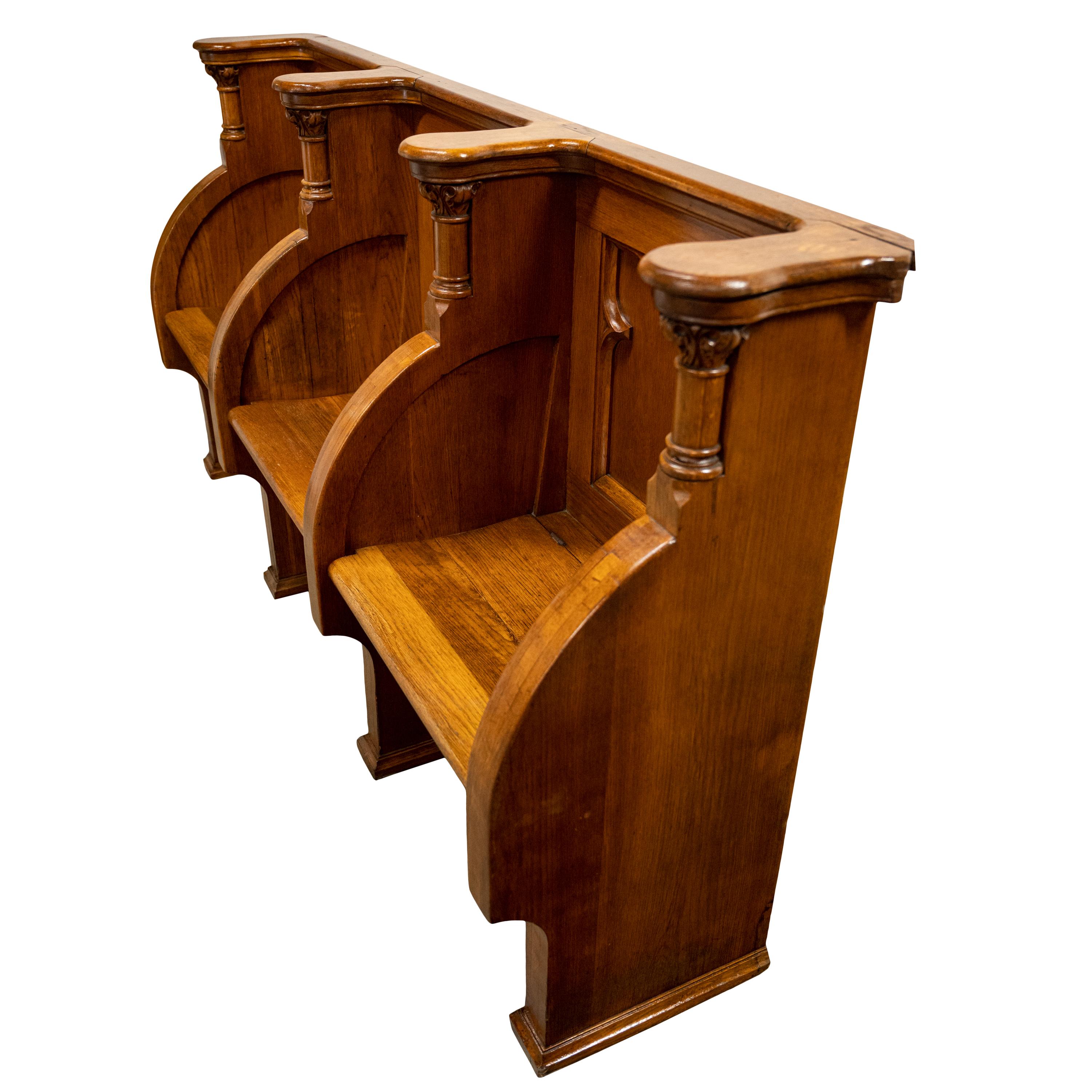 Mid-19th Century Antique Gothic Revival Pugin Carved Oak Church 3 Seat Pew Bench Choir Stall 1850