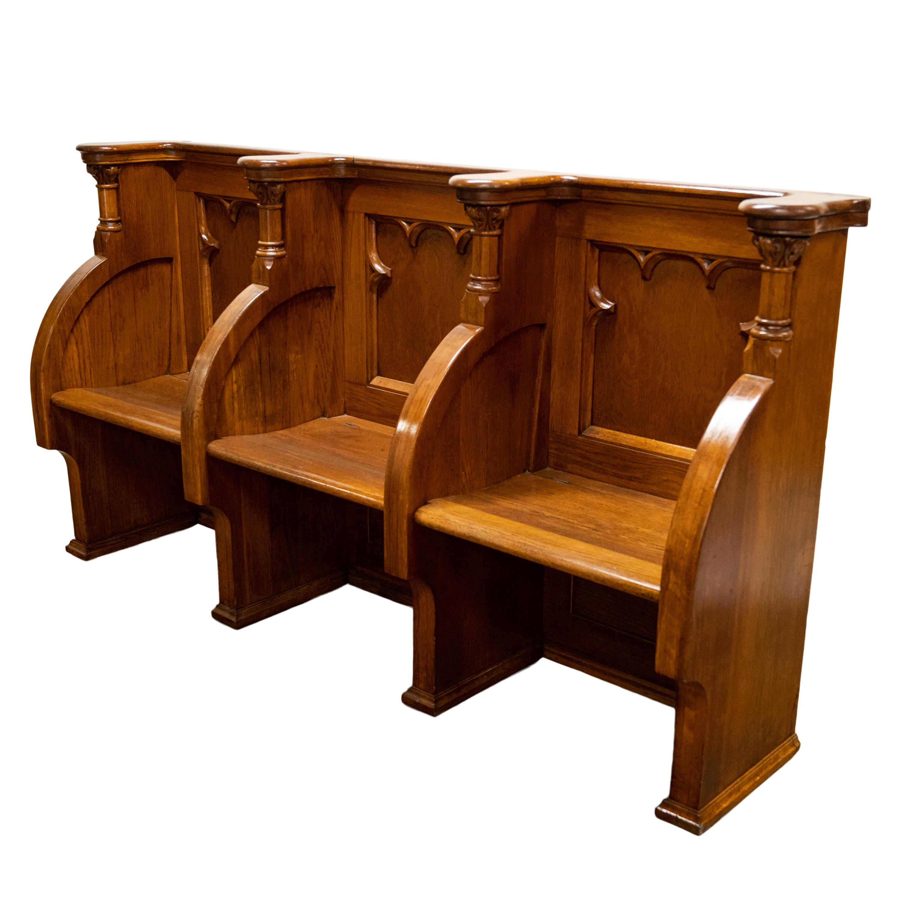 Antique Gothic Revival Pugin Carved Oak Church 3 Seat Pew Bench Choir Stall 1850 3