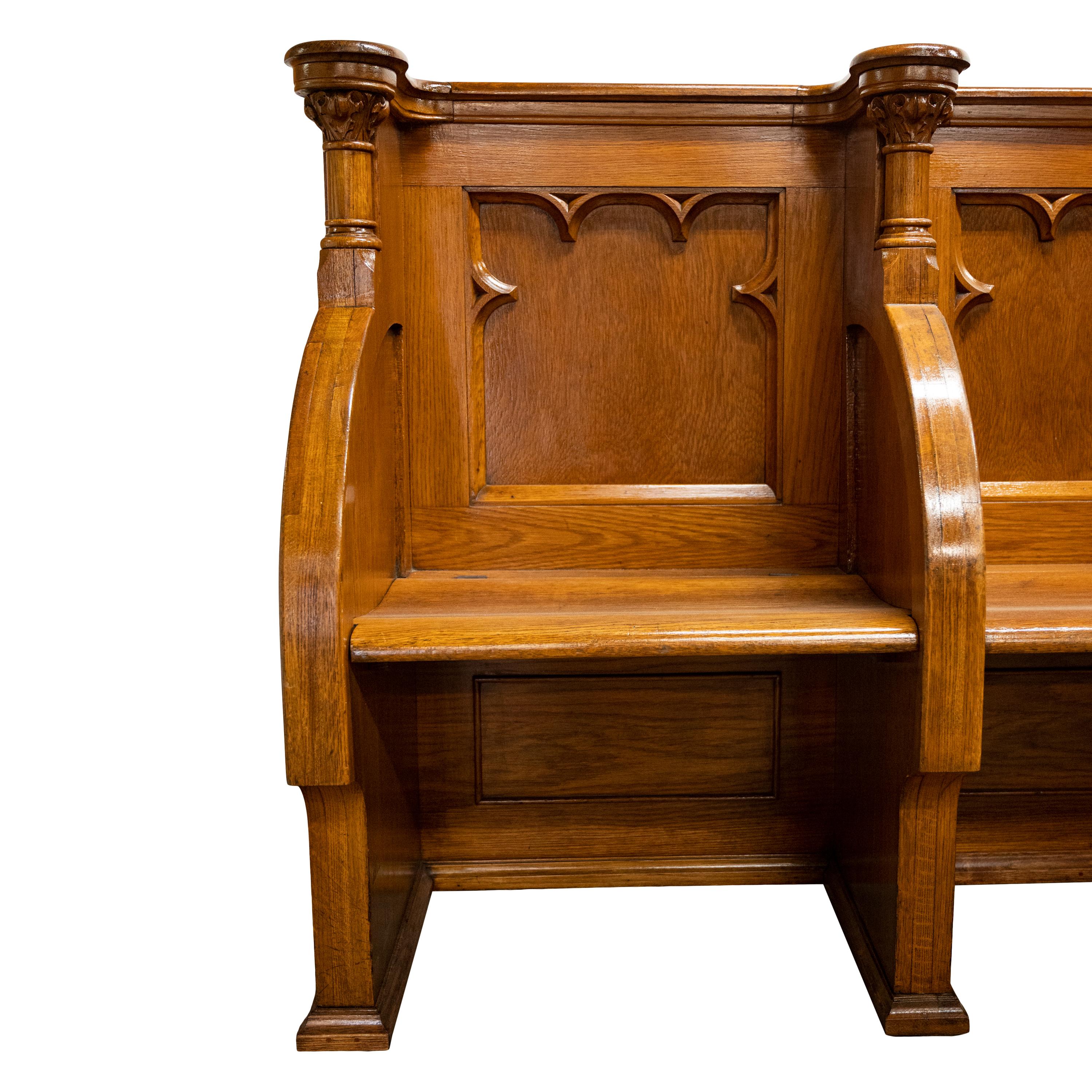 Antique Gothic Revival Pugin Carved Oak Church 3 Seat Pew Bench Choir Stall 1850 4