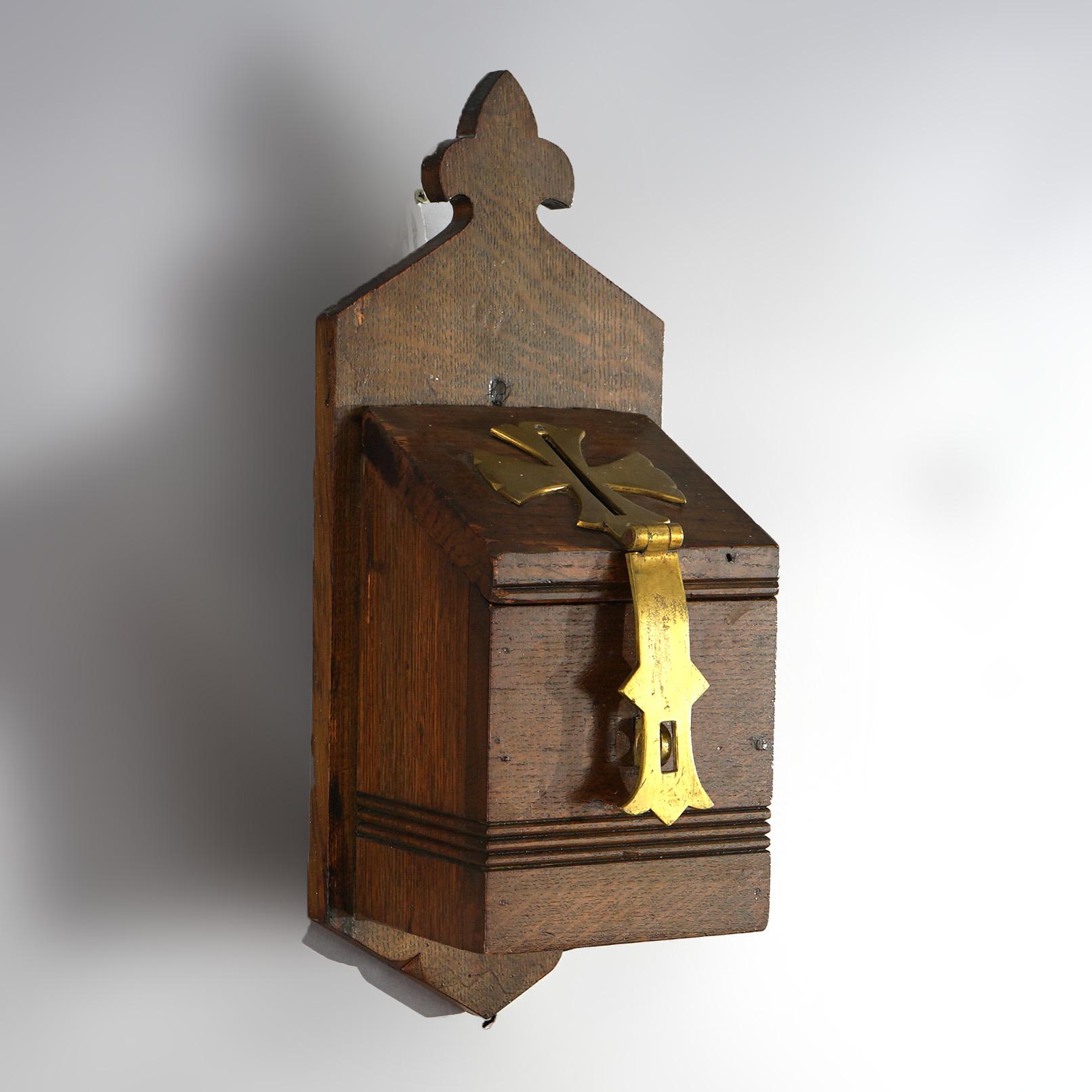 Antique Gothic Revival Quarter Sawn Oak Drop Box with Brass Trim and Fleur de Lis Crest, 19thC

Measures - 18.75