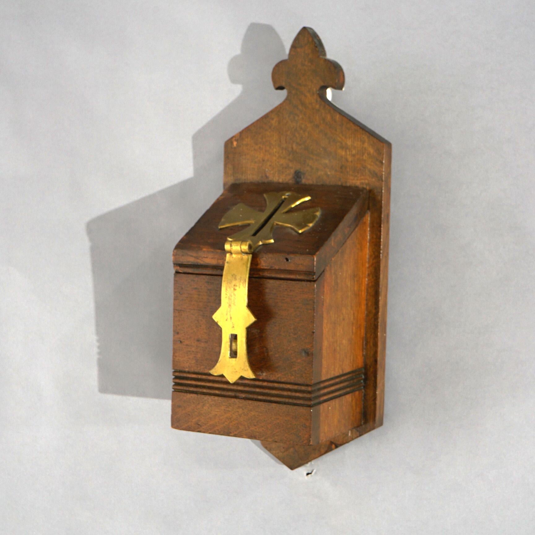 19th Century Antique Gothic Revival Quarter Sawn Oak Drop Box with Brass Trim 19thC