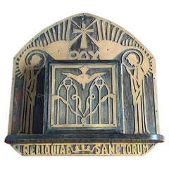 Antico Reliquiario da parete in stile gotico-revival Angeli in ottone Reliquiae Sanctorum