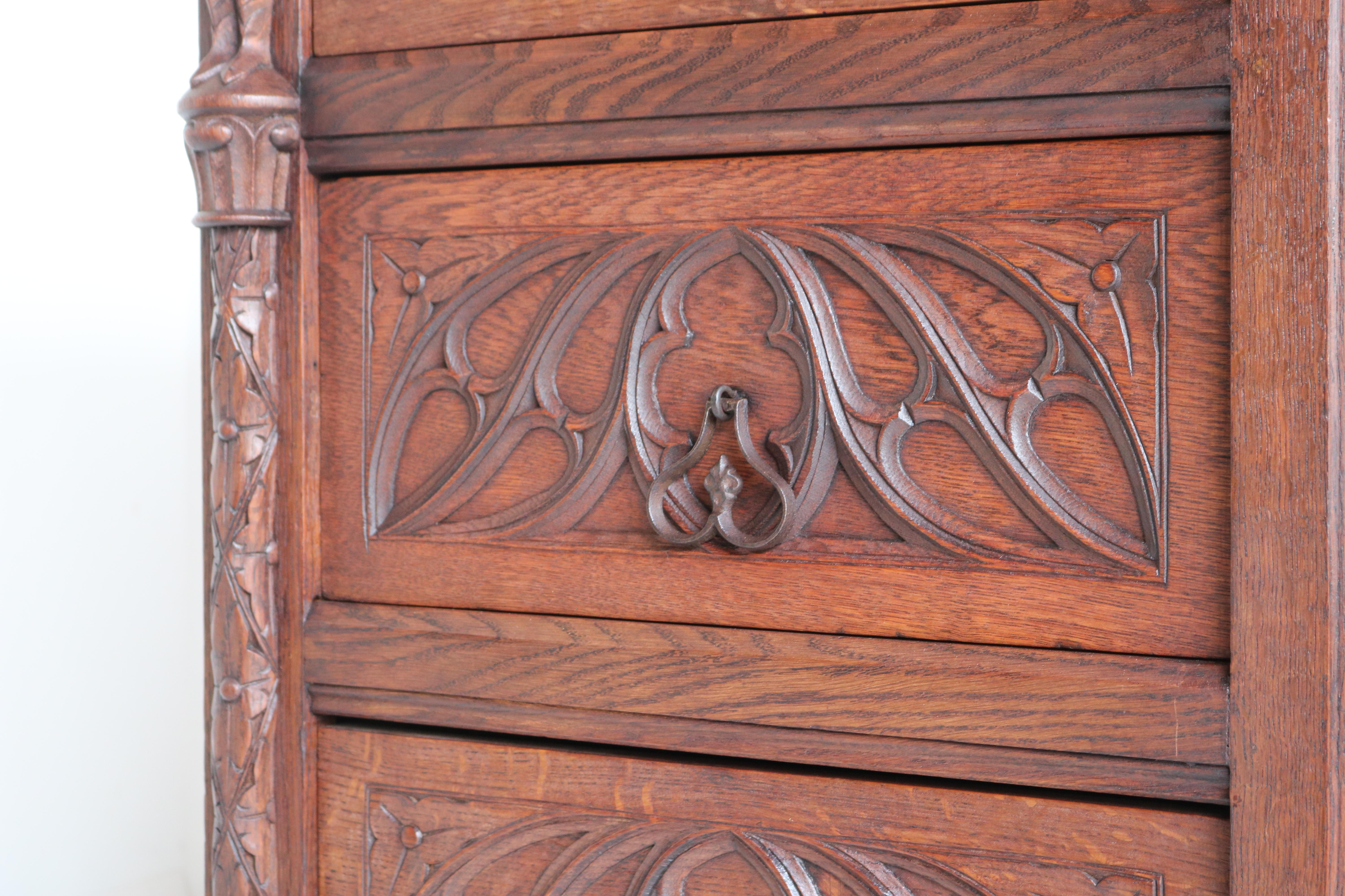 Antique Gothic Revival Sideboard / Small Cabinet with Drawers Knights Carved Oak 3