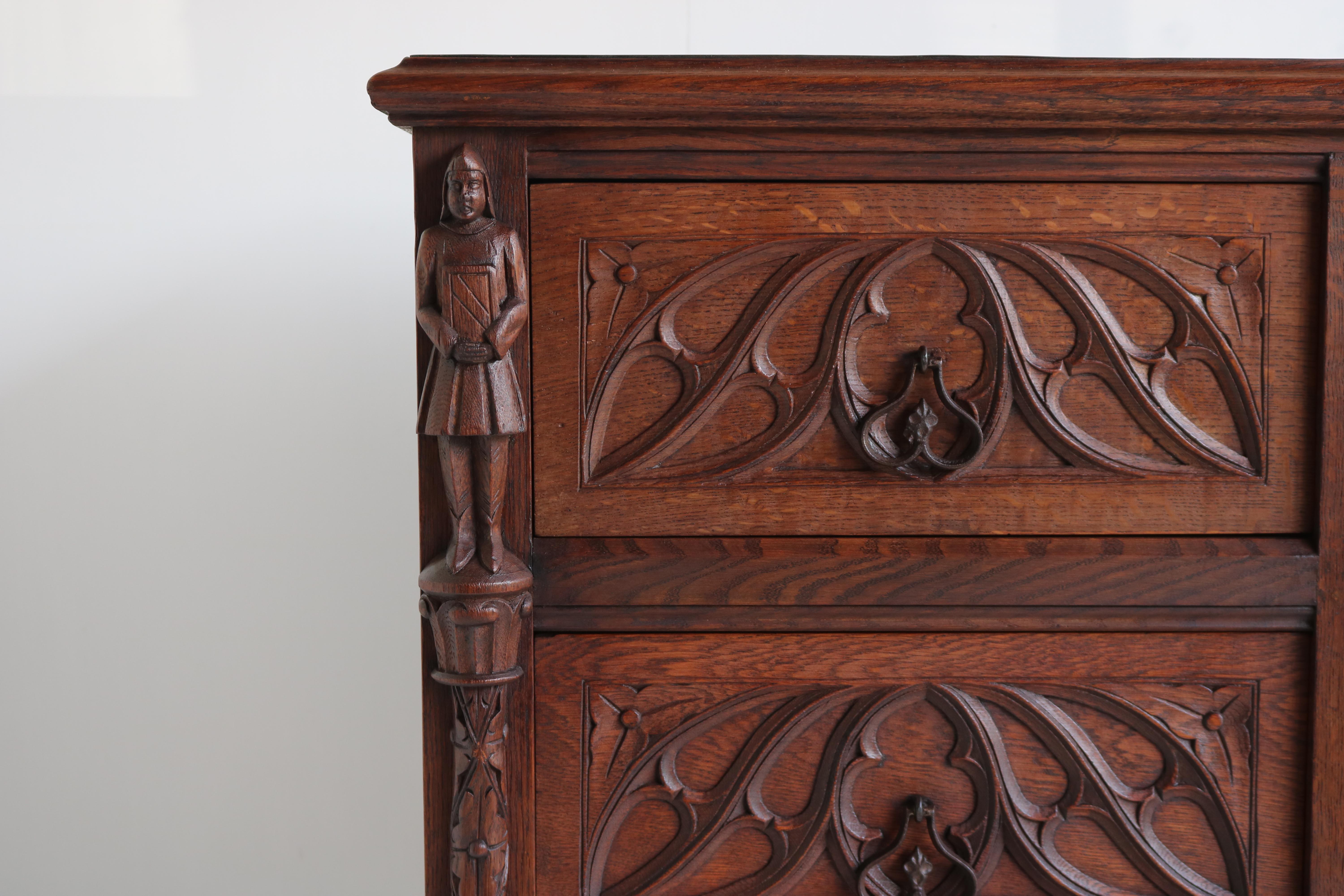 French Antique Gothic Revival Sideboard / Small Cabinet with Drawers Knights Carved Oak