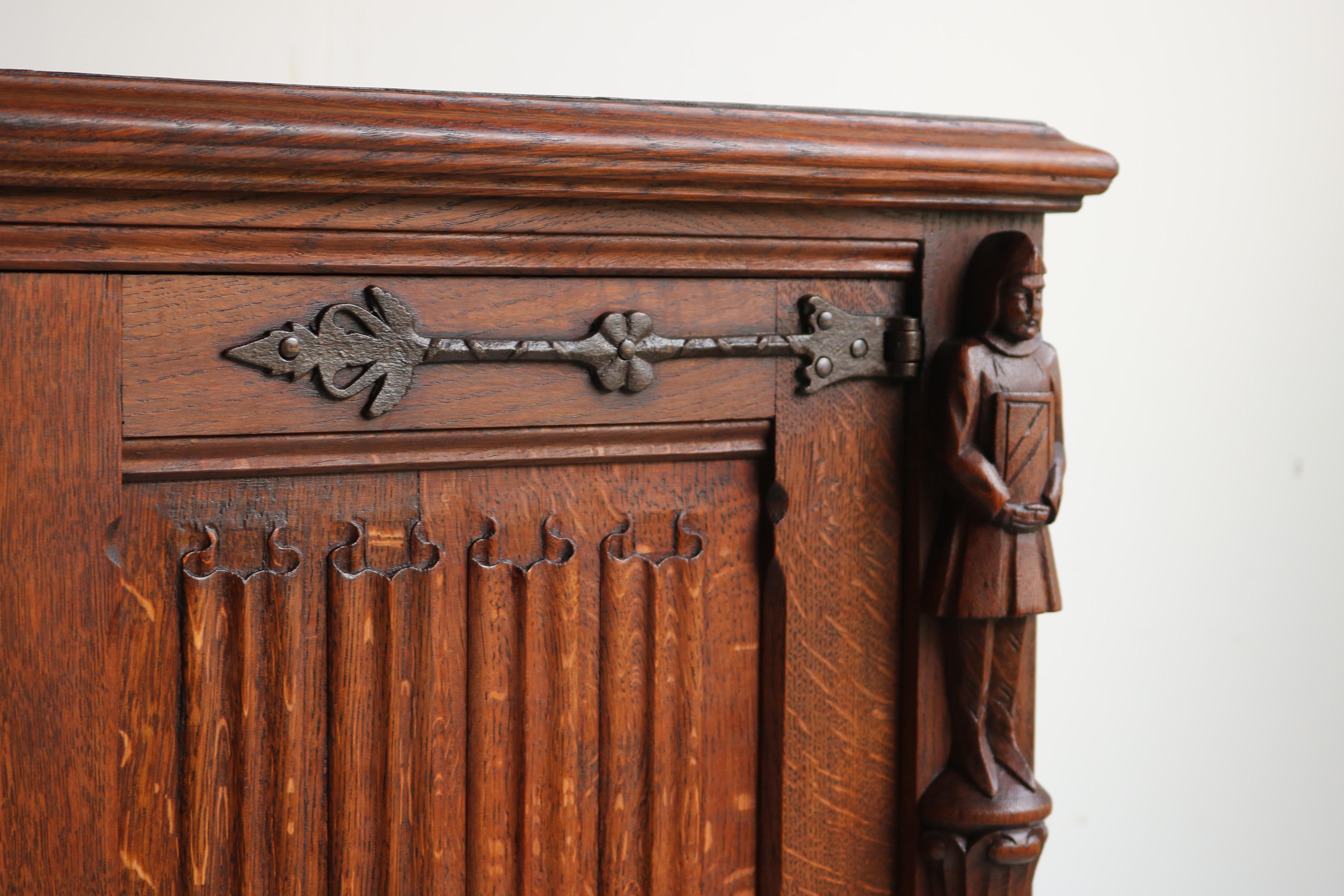 Hand-Carved Antique Gothic Revival Sideboard / Small Cabinet with Drawers Knights Carved Oak