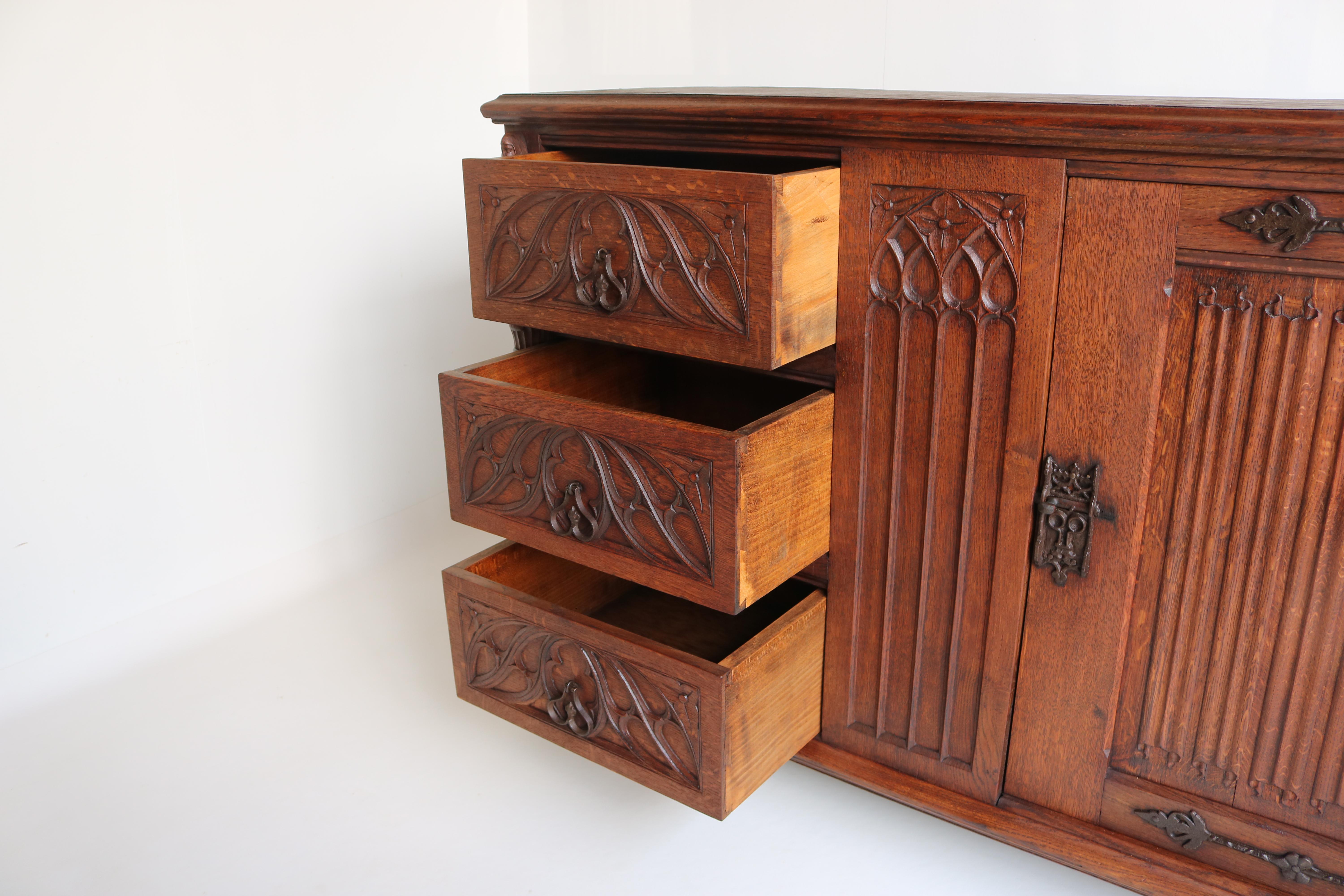 Early 20th Century Antique Gothic Revival Sideboard / Small Cabinet with Drawers Knights Carved Oak