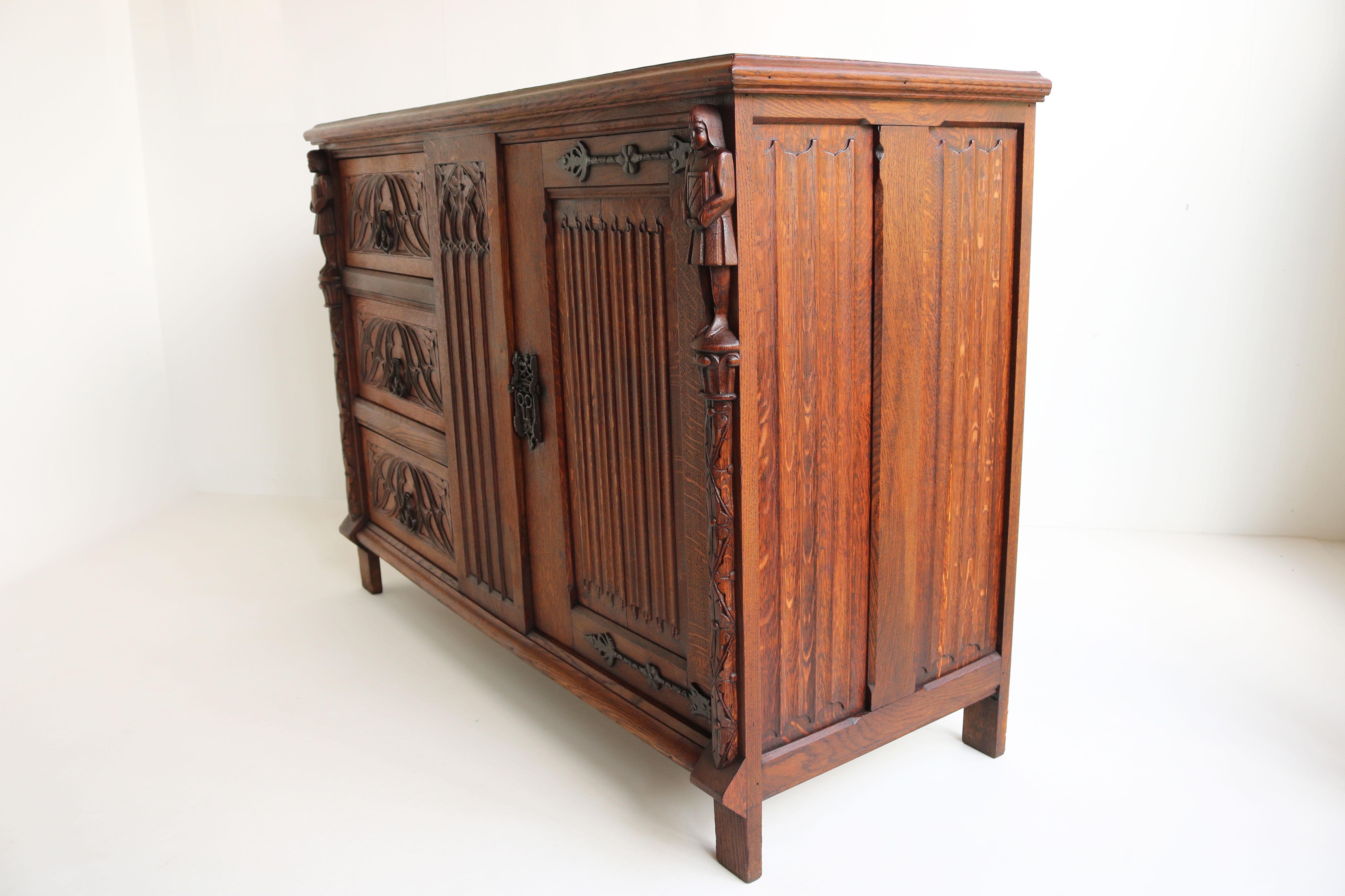 Wrought Iron Antique Gothic Revival Sideboard / Small Cabinet with Drawers Knights Carved Oak