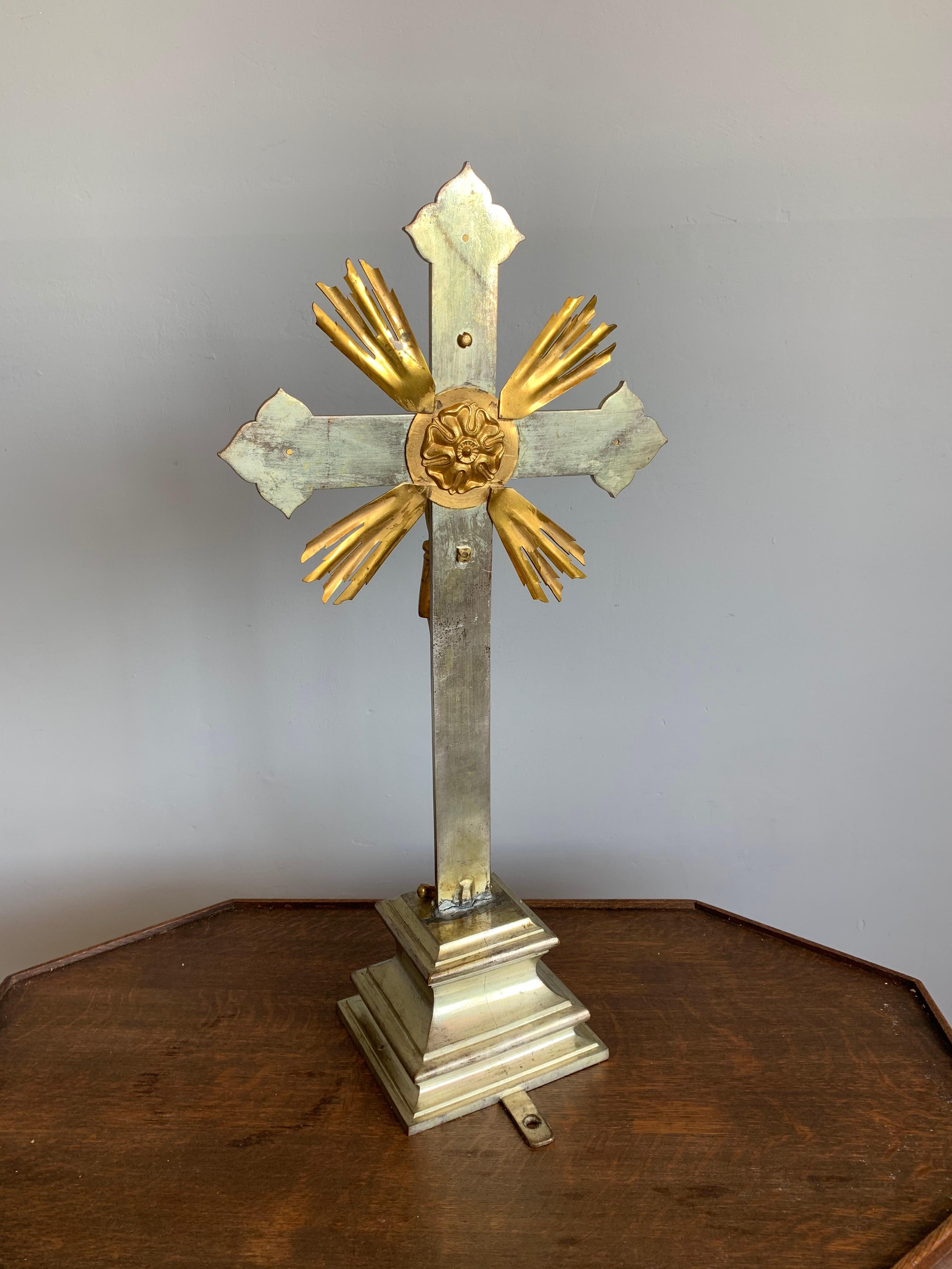 Antique Gothic Revival Silvered Bronze Crucifix with a Gilt Bronze Corpus Christ For Sale 12