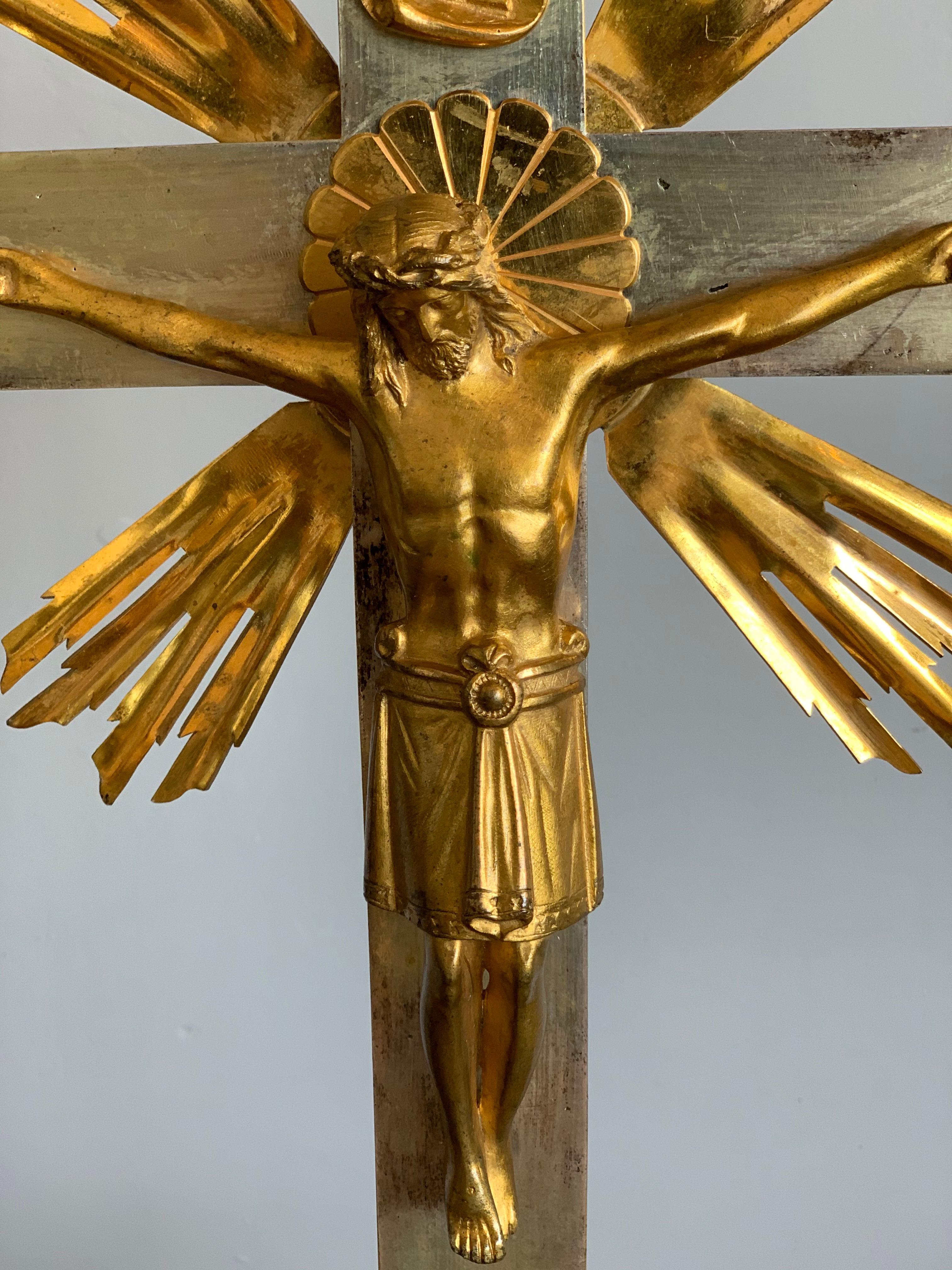 French Antique Gothic Revival Silvered Bronze Crucifix with a Gilt Bronze Corpus Christ For Sale