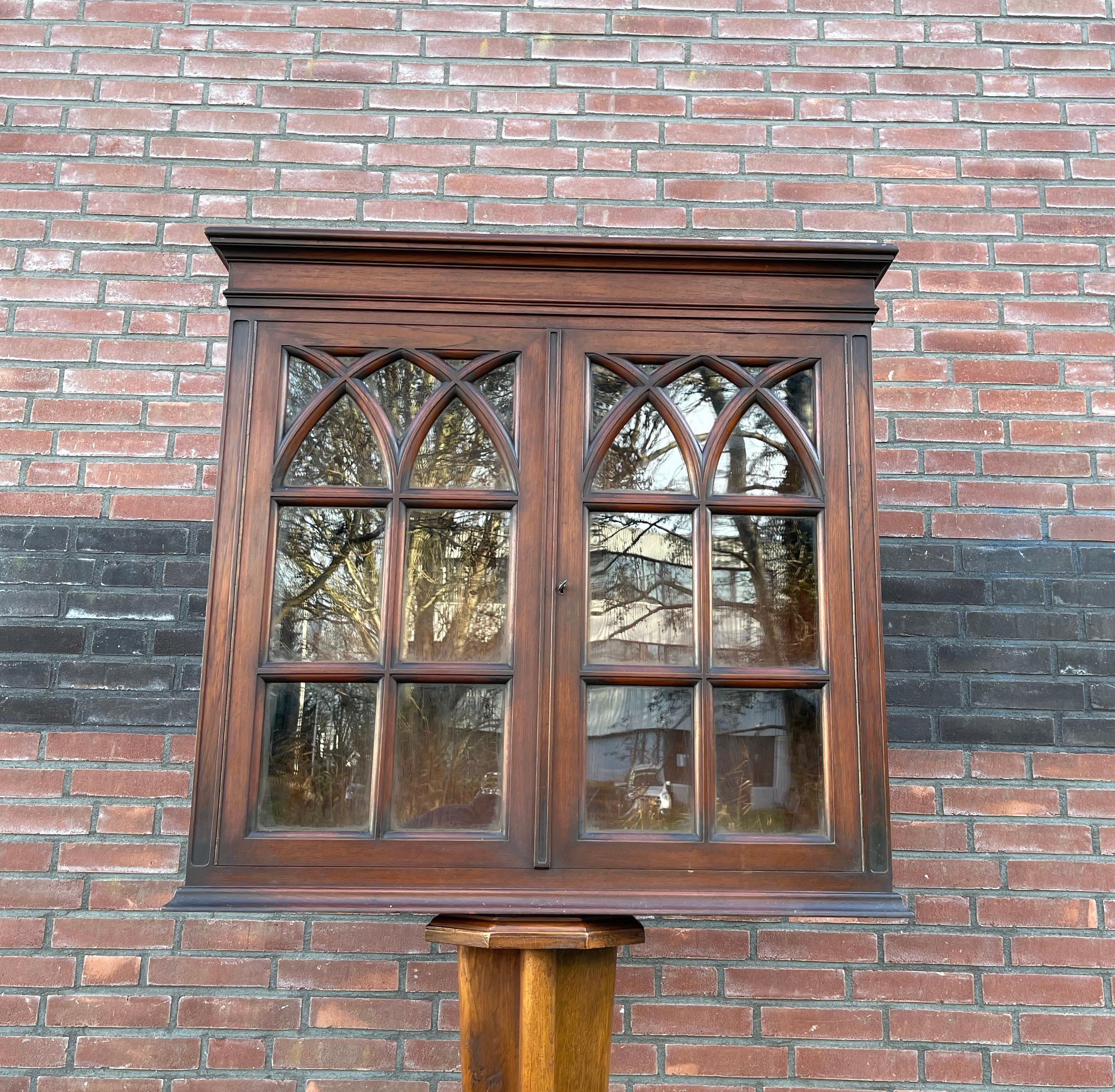 Metal Antique Gothic Revival Solid Wood Hanging Wall Cabinet w. Church Windows