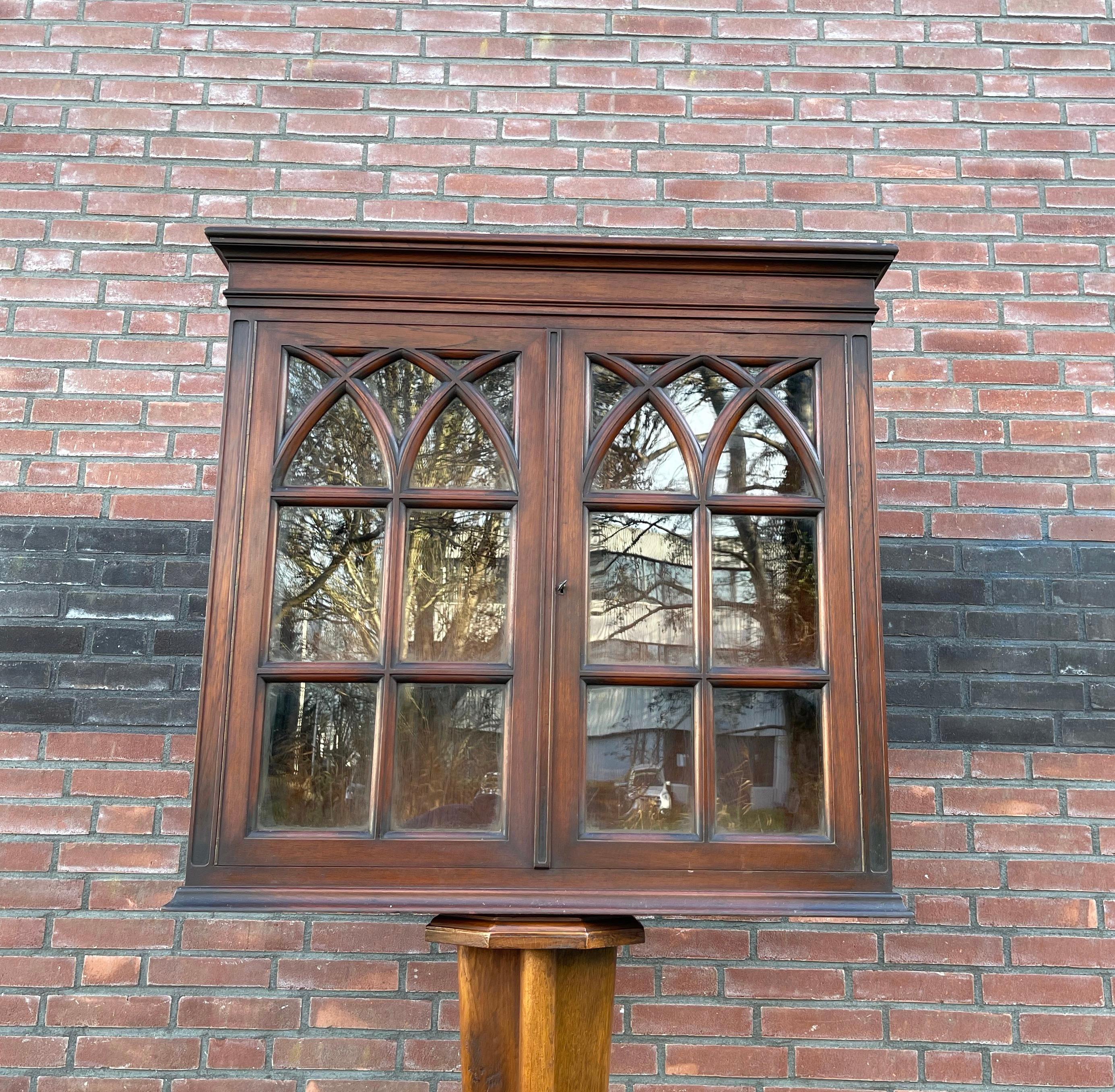 Glass Antique Gothic Revival Solid Wood Hanging Wall Cabinet w. Church Windows