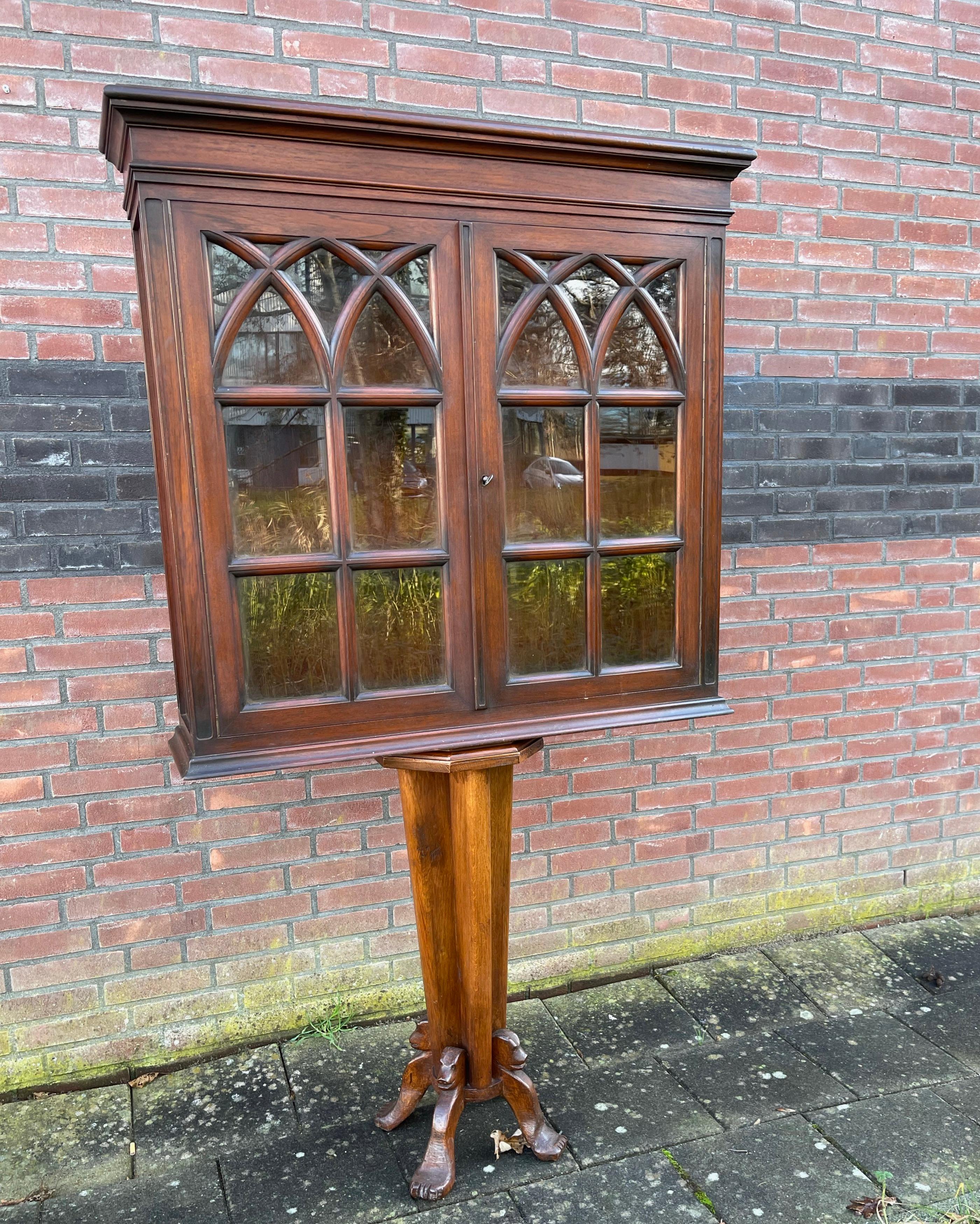 Antique Gothic Revival Solid Wood Hanging Wall Cabinet w. Church Windows 9