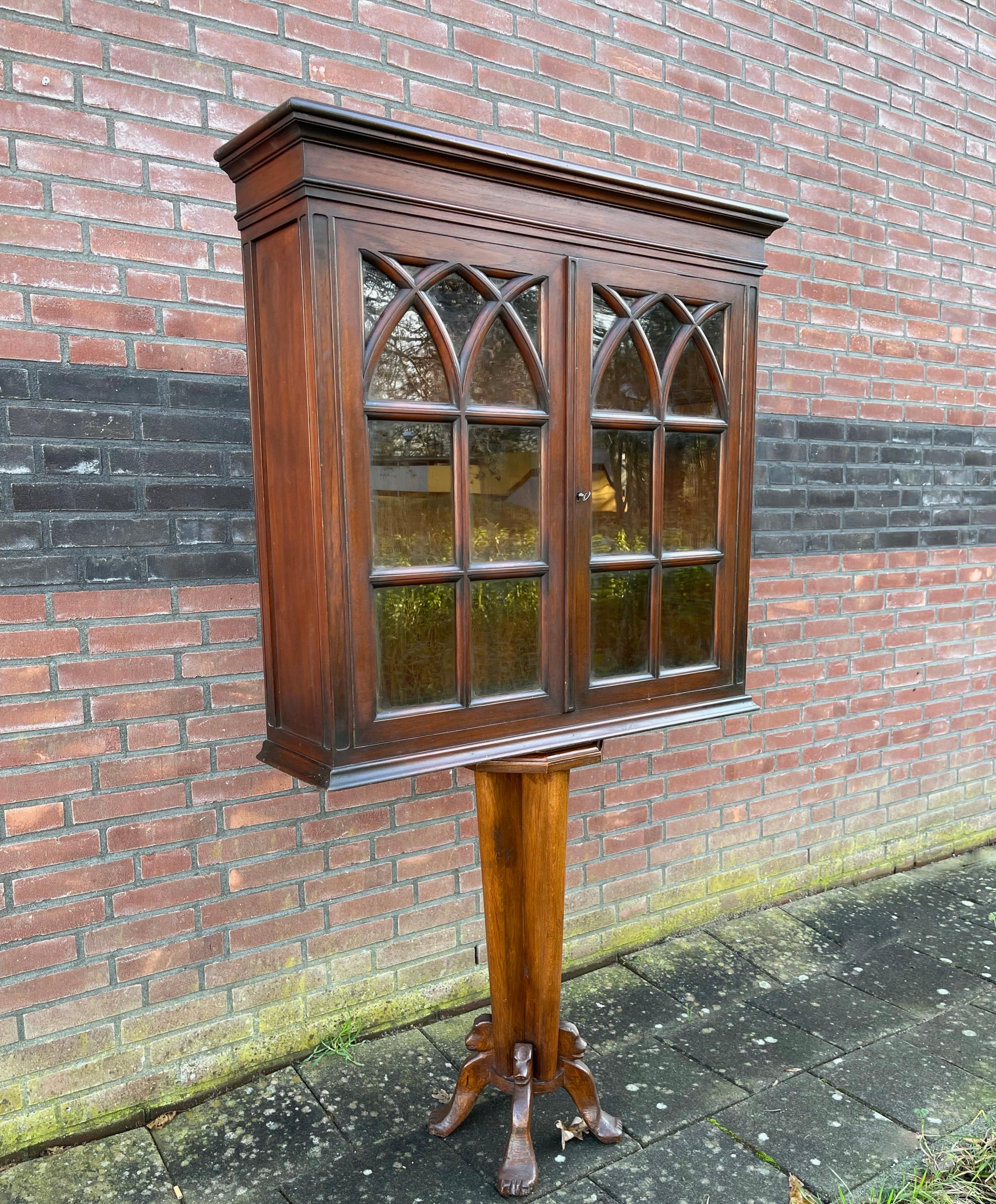 Antique Gothic Revival Solid Wood Hanging Wall Cabinet w. Church Windows 10