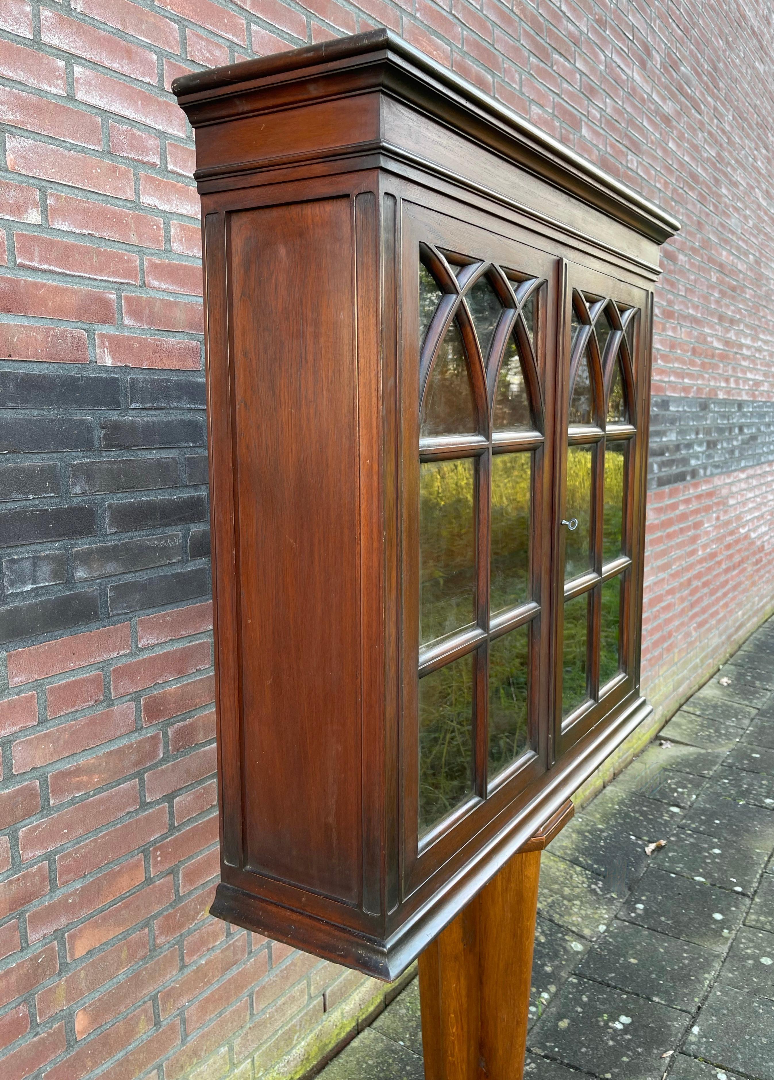 19th Century Antique Gothic Revival Solid Wood Hanging Wall Cabinet w. Church Windows