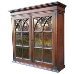 Antique Gothic Revival Solid Wood Hanging Wall Cabinet w. Church Windows