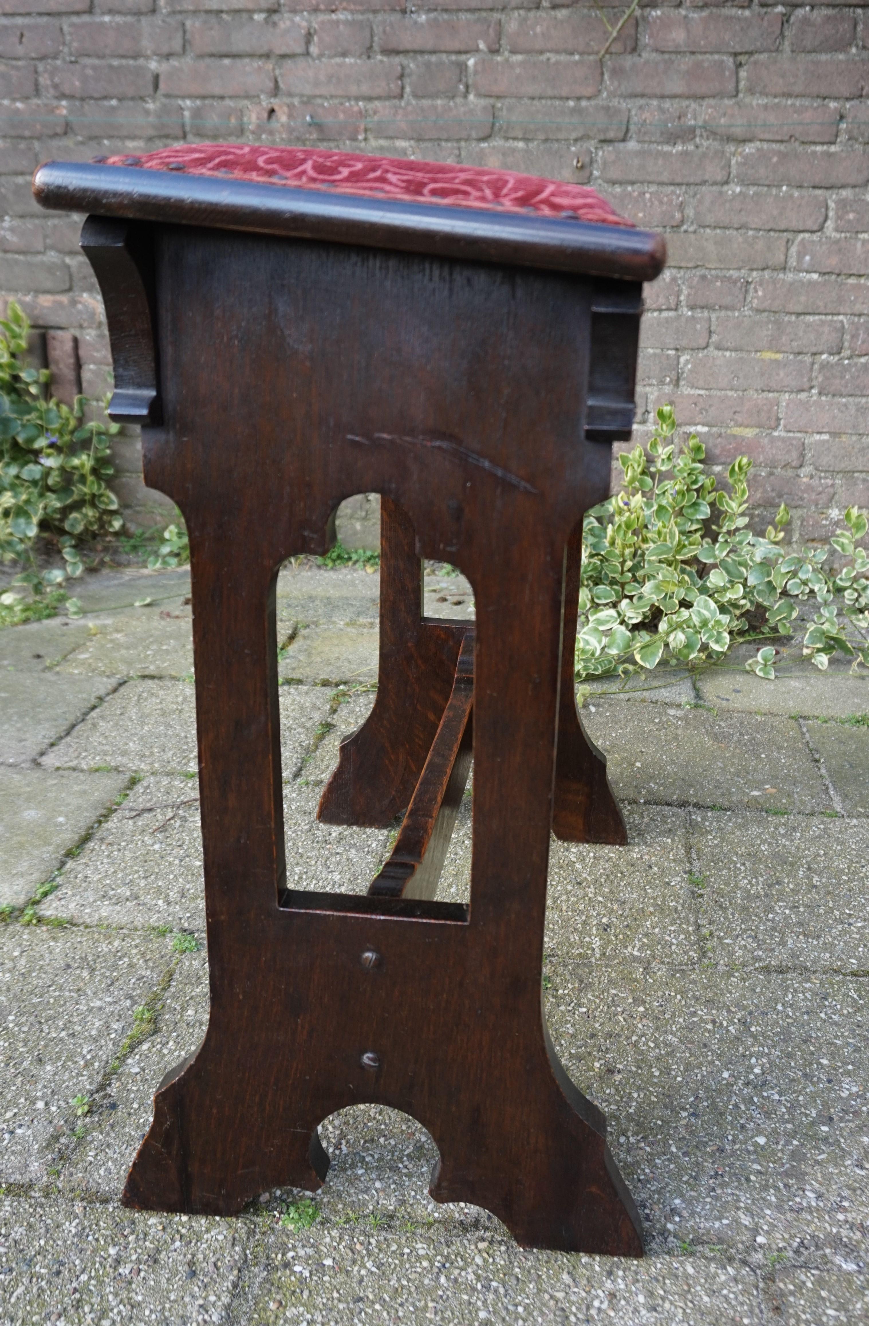 Brass Antique Gothic Revival Solid Oak Church Organ Stool / Bench with Upholstery 1910