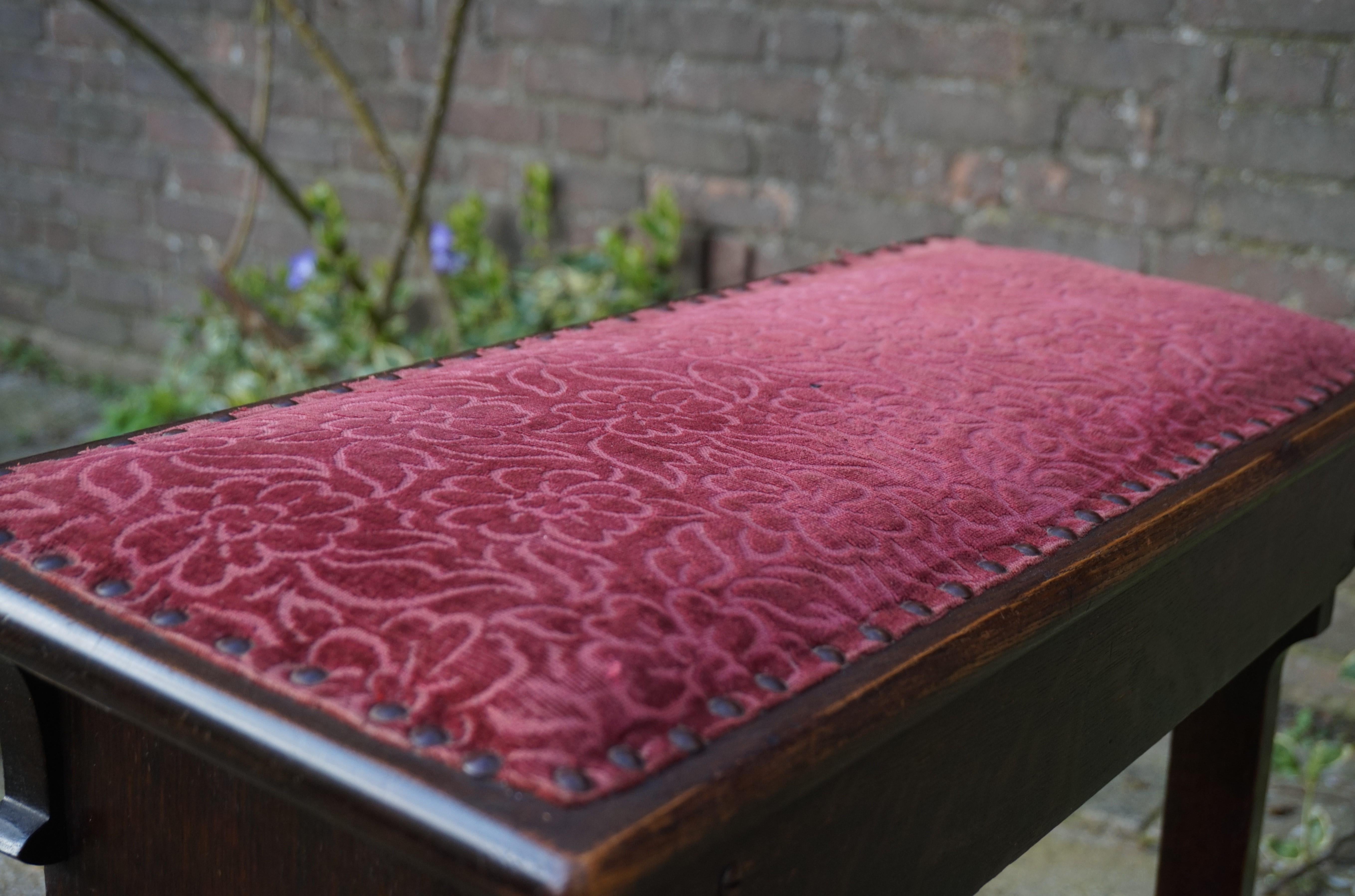 Hand-Crafted Antique Gothic Revival Solid Oak Church Organ Stool / Bench with Upholstery 1910