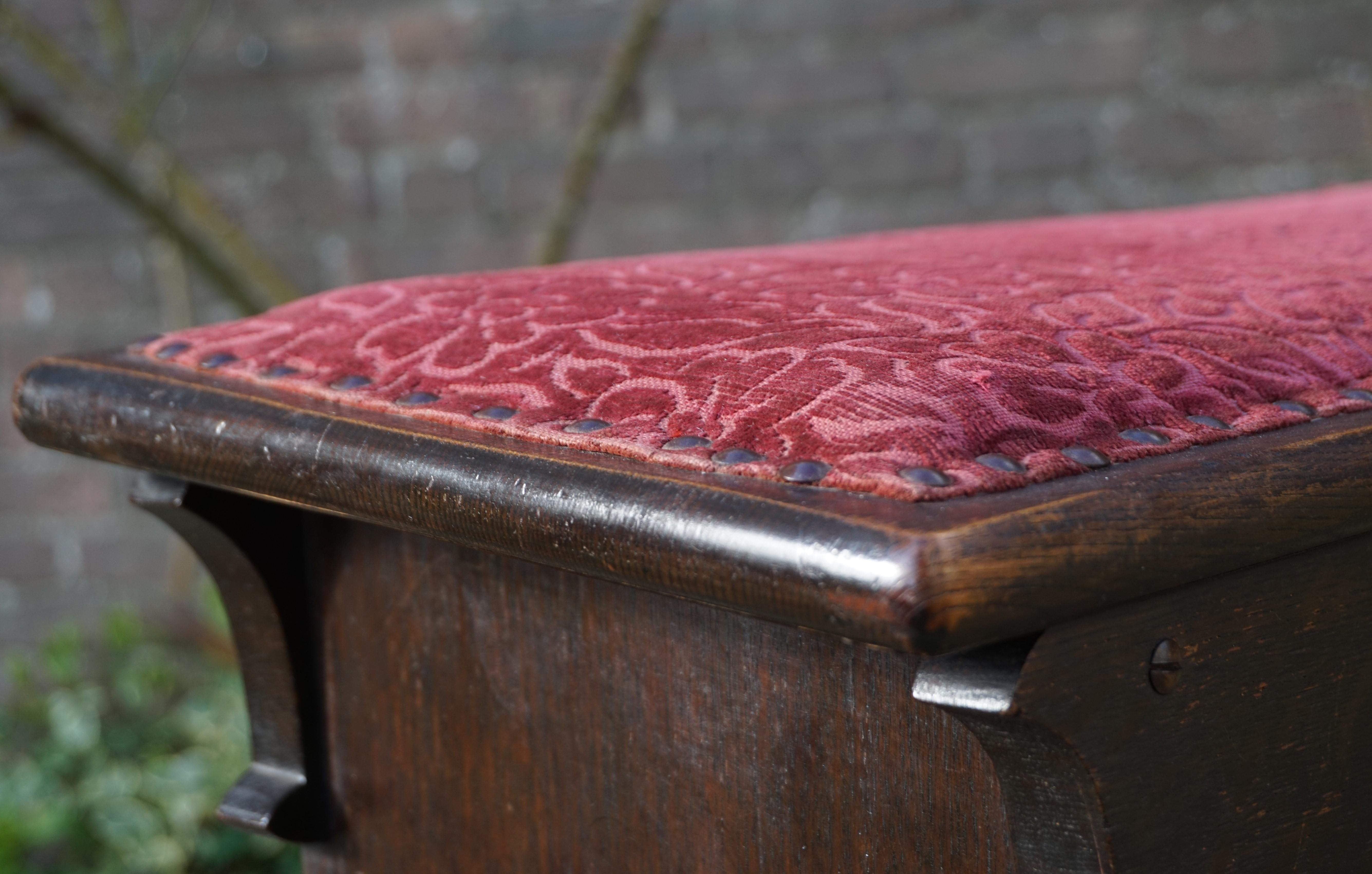 20th Century Antique Gothic Revival Solid Oak Church Organ Stool / Bench with Upholstery 1910