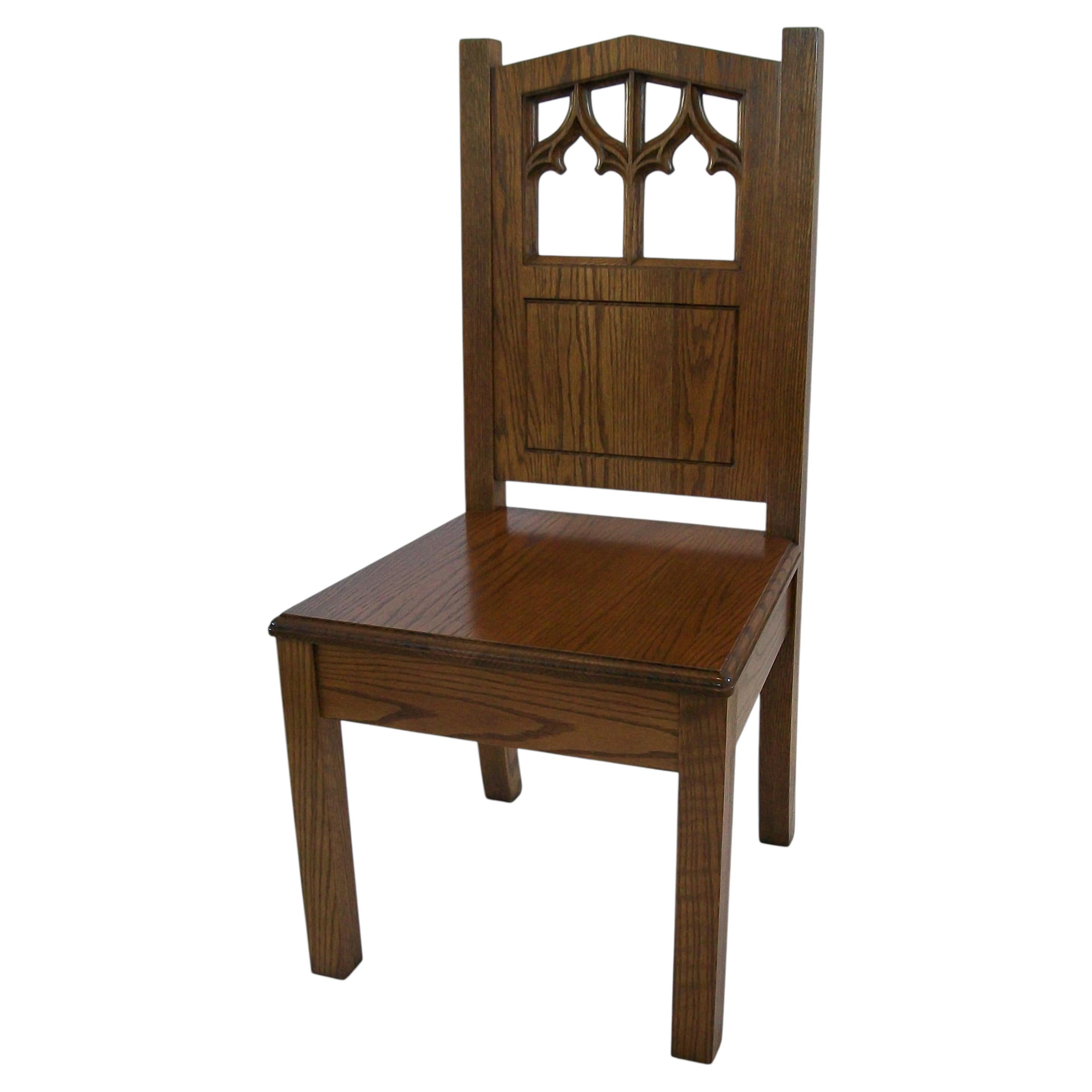 Antique Gothic Revival Solid Oak Side Chair - United States - Early 20th Century For Sale