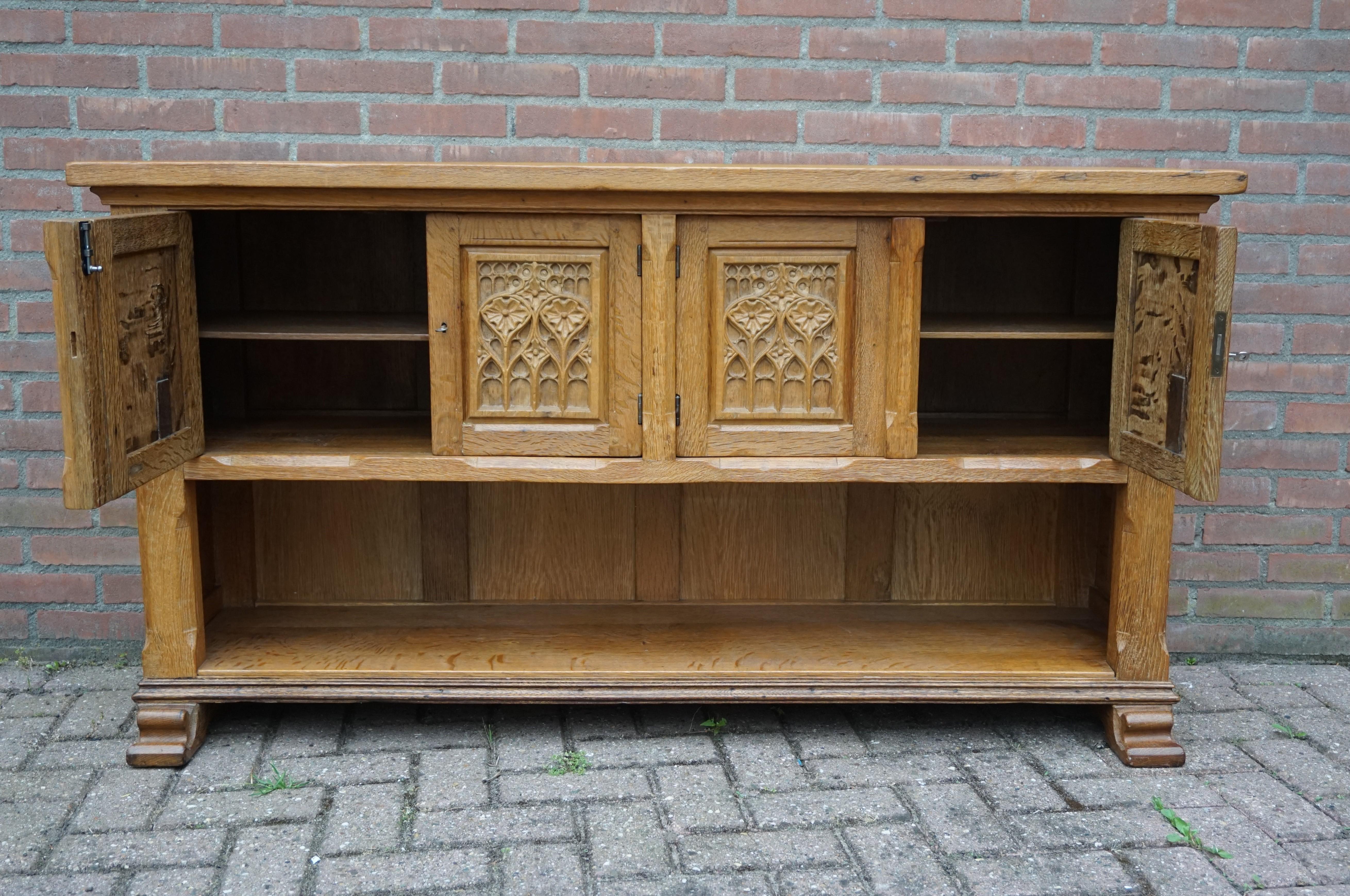 Dutch Antique Gothic Revival Solid Oak Sideboard / Sidetable / 1920s 4-Door Credenza