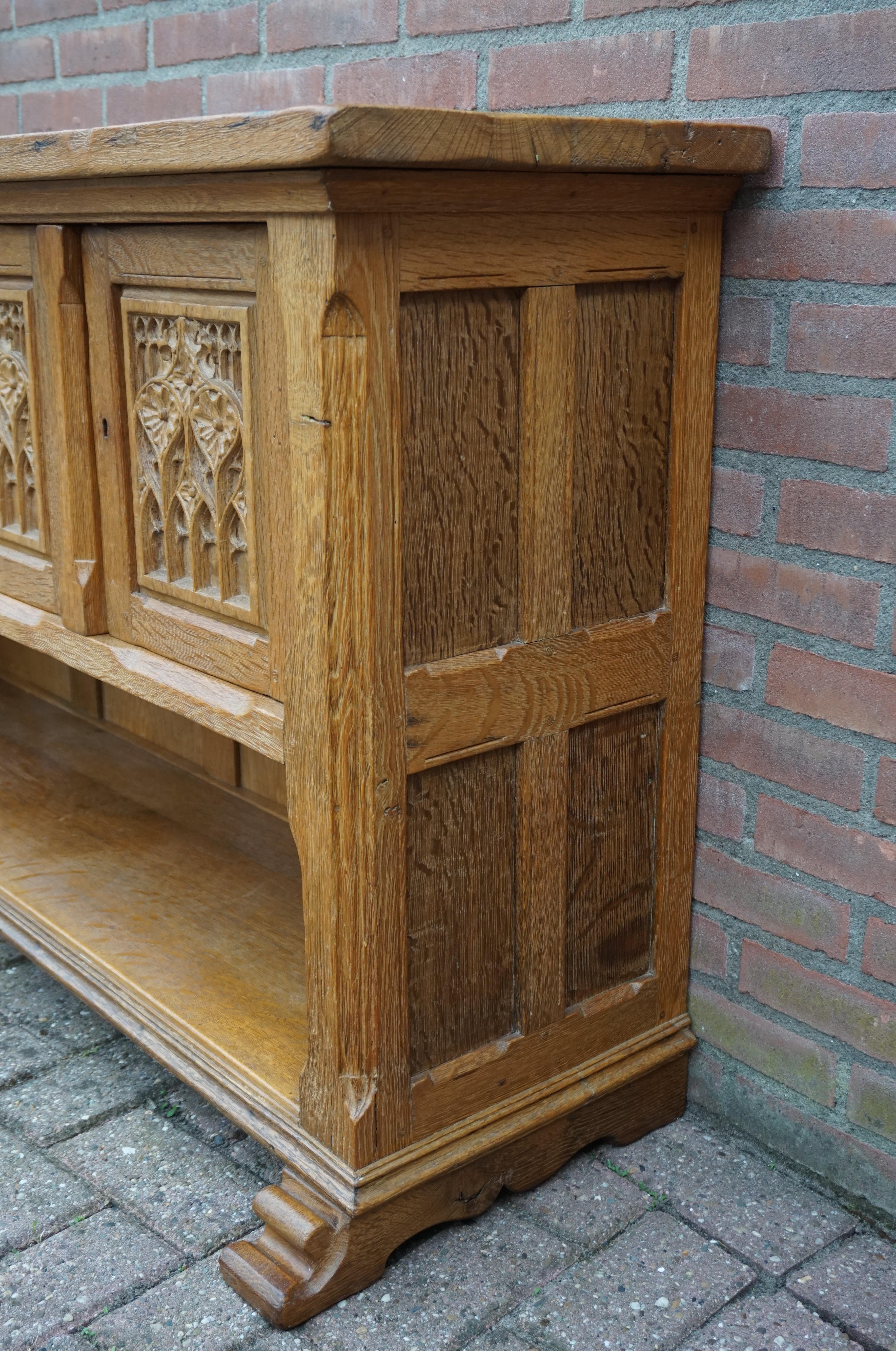 Brass Antique Gothic Revival Solid Oak Sideboard / Sidetable / 1920s 4-Door Credenza