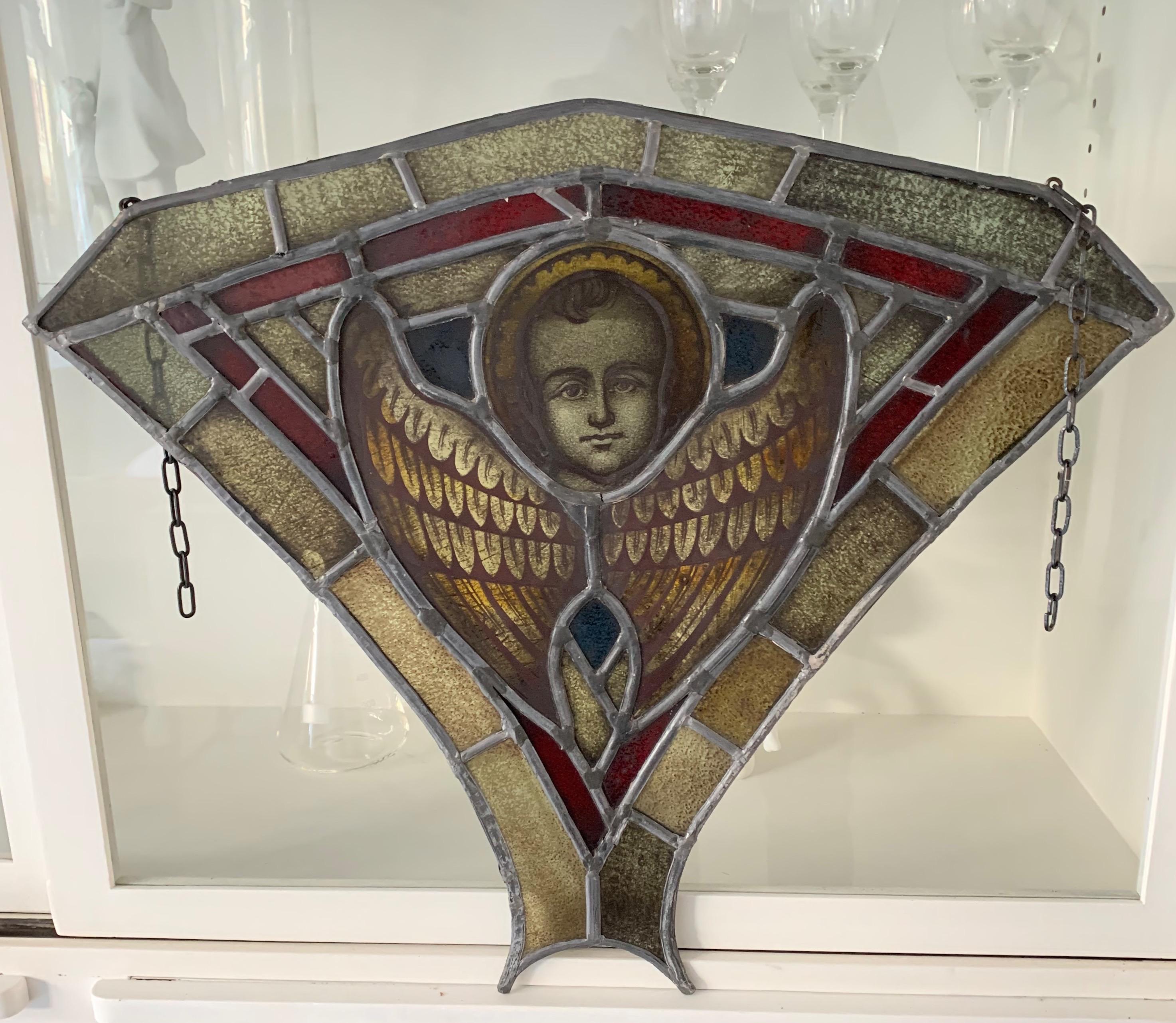 Antique Gothic Revival Stained and Glass Window Hanger Panel with Young Christ For Sale 1
