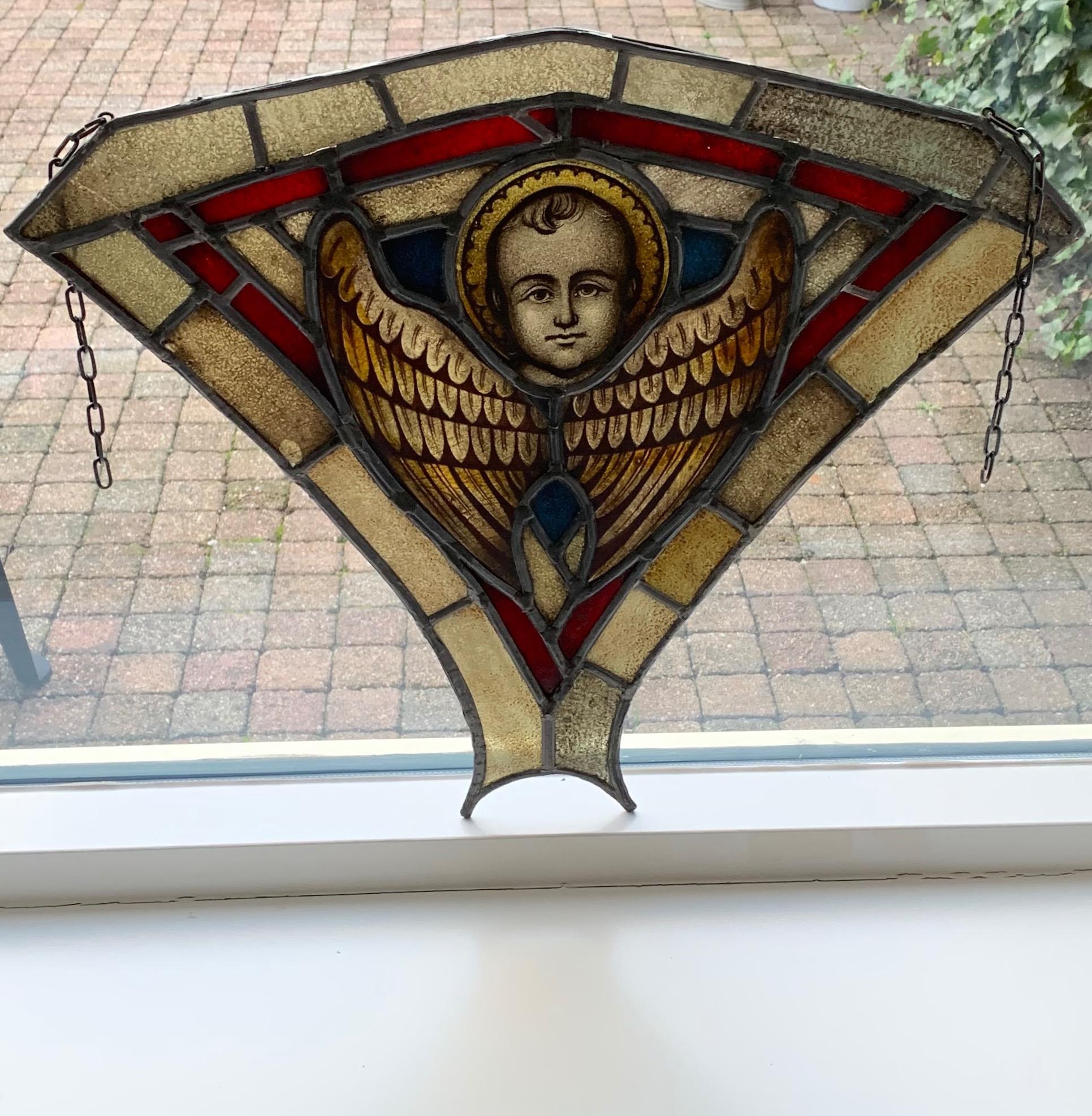 European Antique Gothic Revival Stained and Glass Window Hanger Panel with Young Christ For Sale