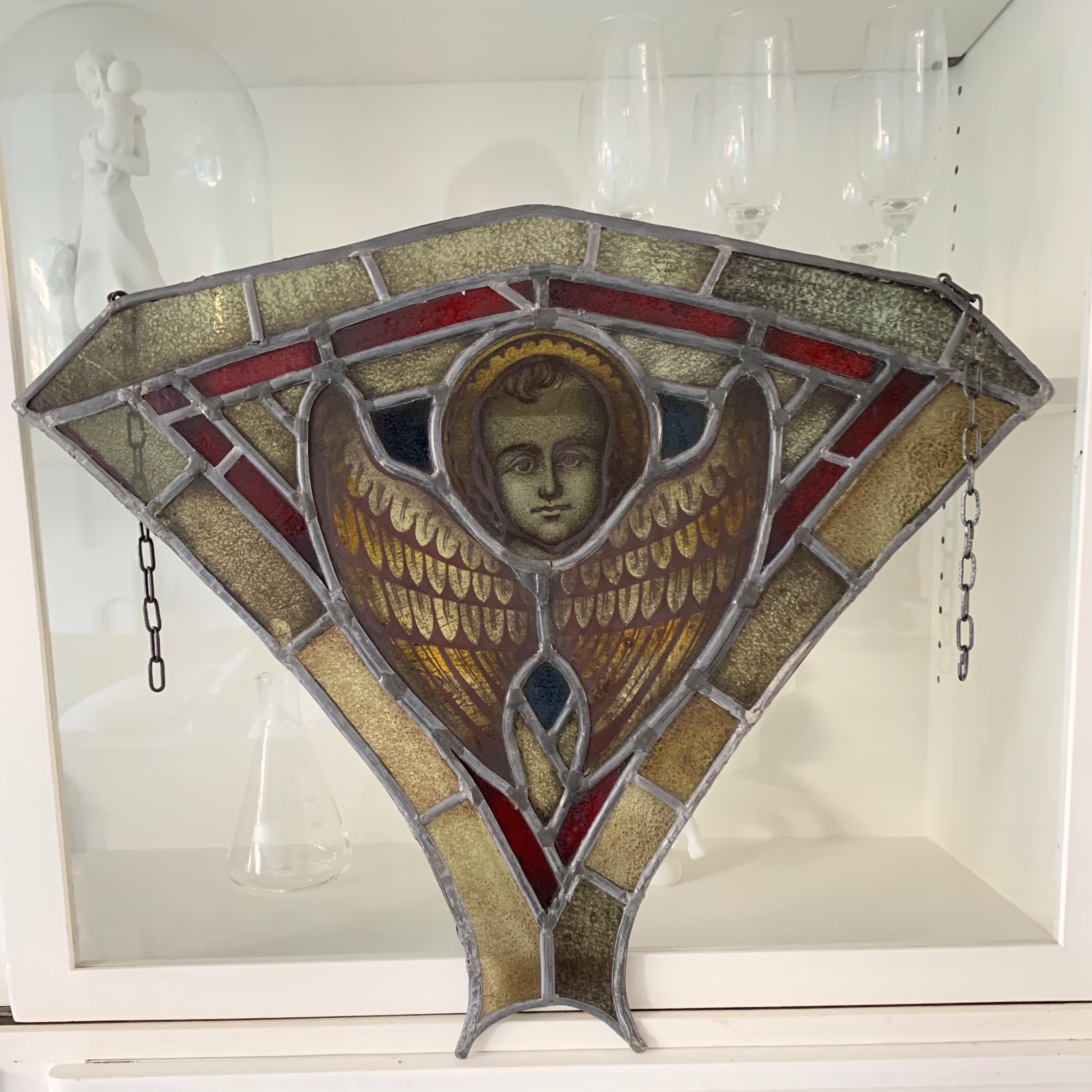Hand-Crafted Antique Gothic Revival Stained and Glass Window Hanger Panel with Young Christ For Sale