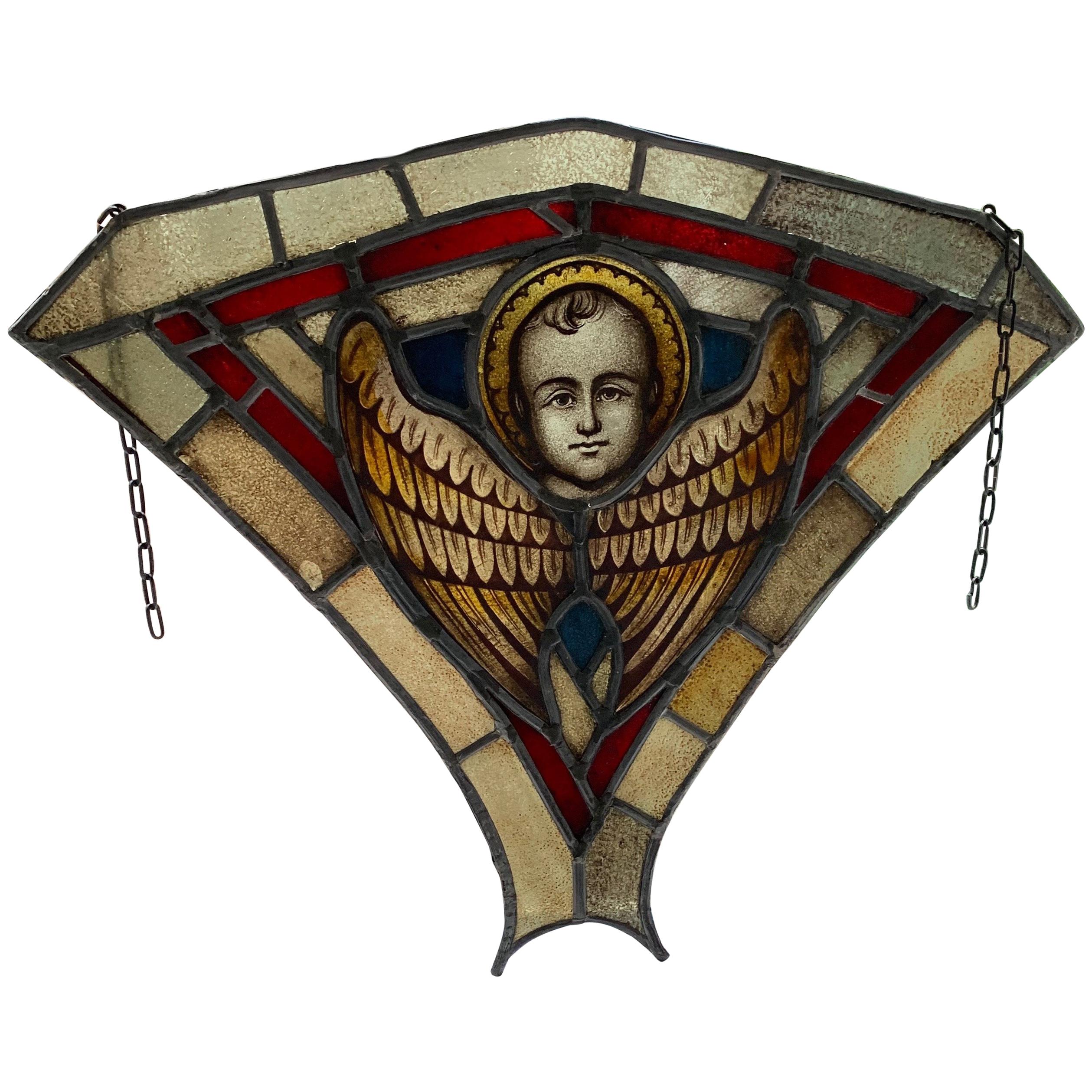 Antike Gotik-Revival-Fenster-Hängelampe aus Buntglas und Glas mit Jungem Christus