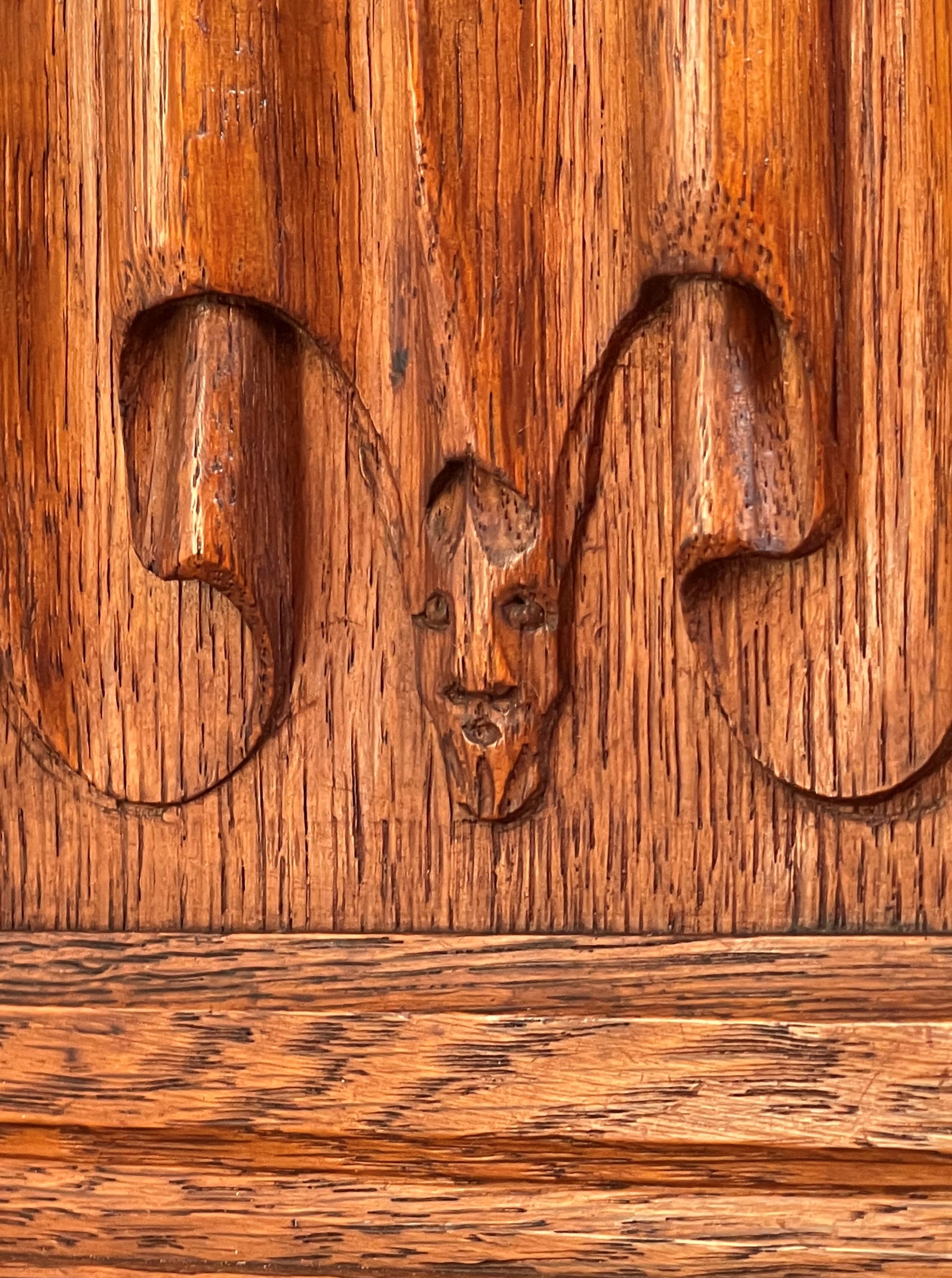 Antique Gothic Revival Stool with Christogram & Demon Carvings and Leather Seat 7