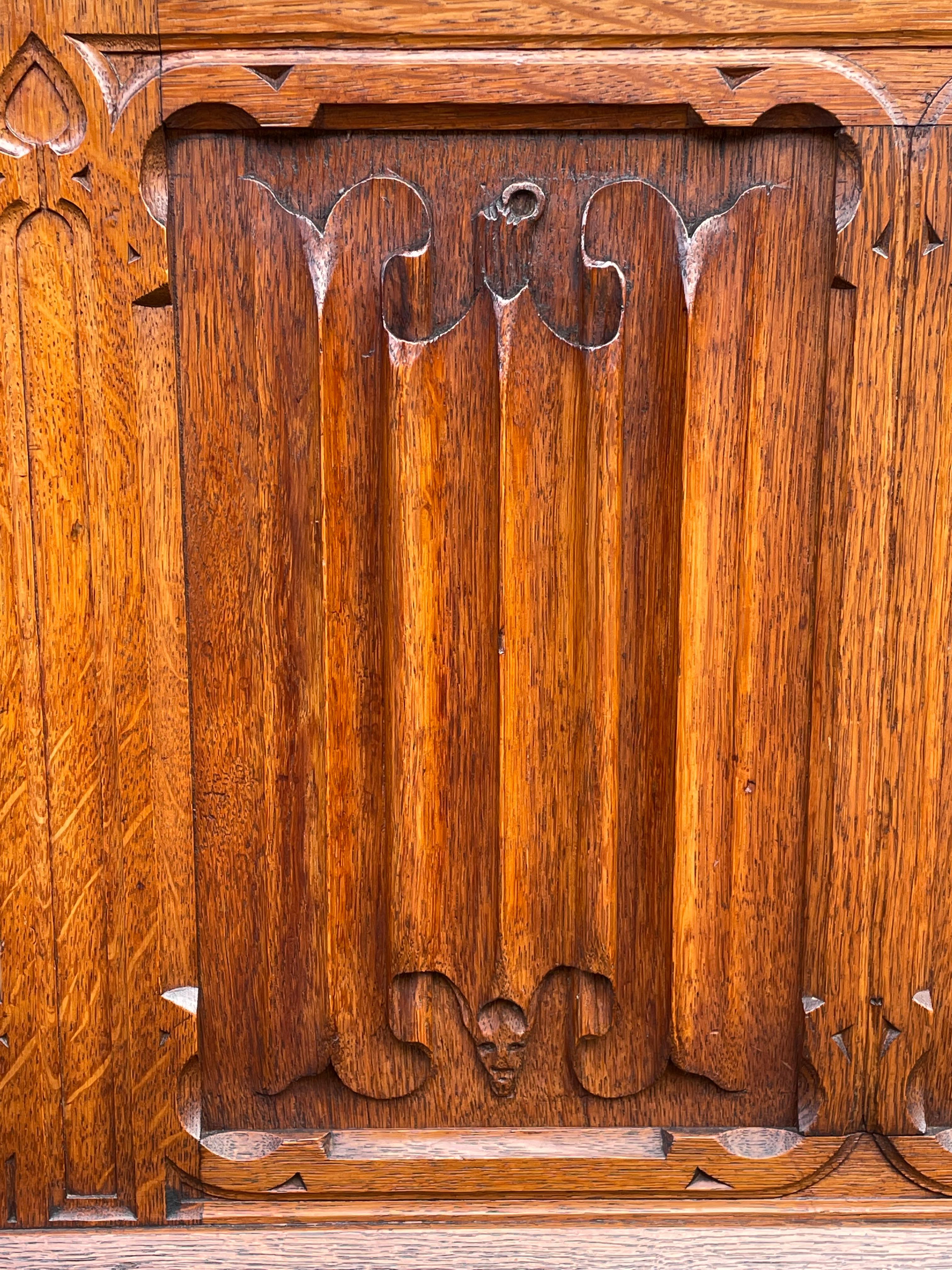 Antique Gothic Revival Stool with Christogram & Demon Carvings and Leather Seat For Sale 10