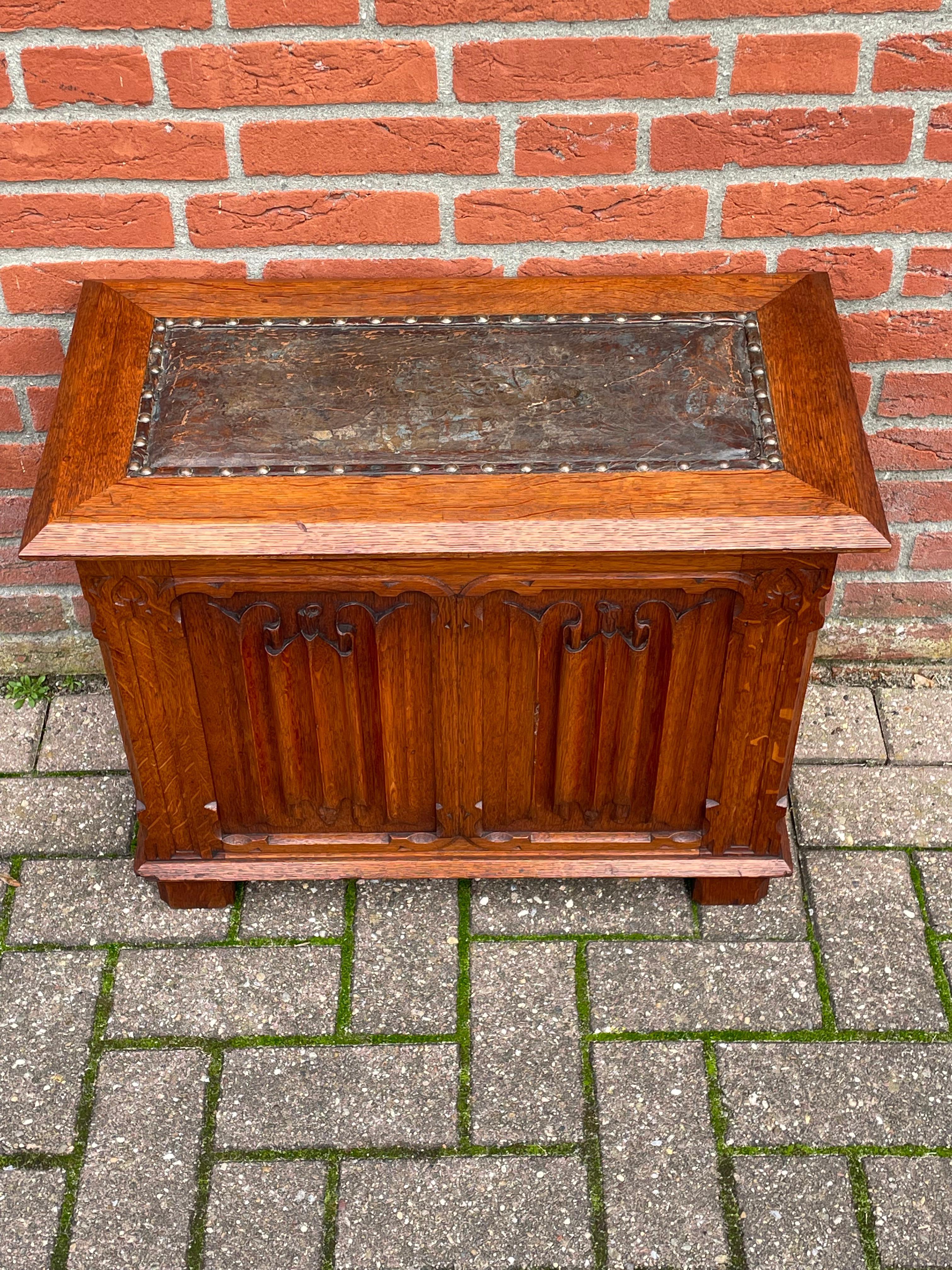 Antique Gothic Revival Stool with Christogram & Demon Carvings and Leather Seat 13