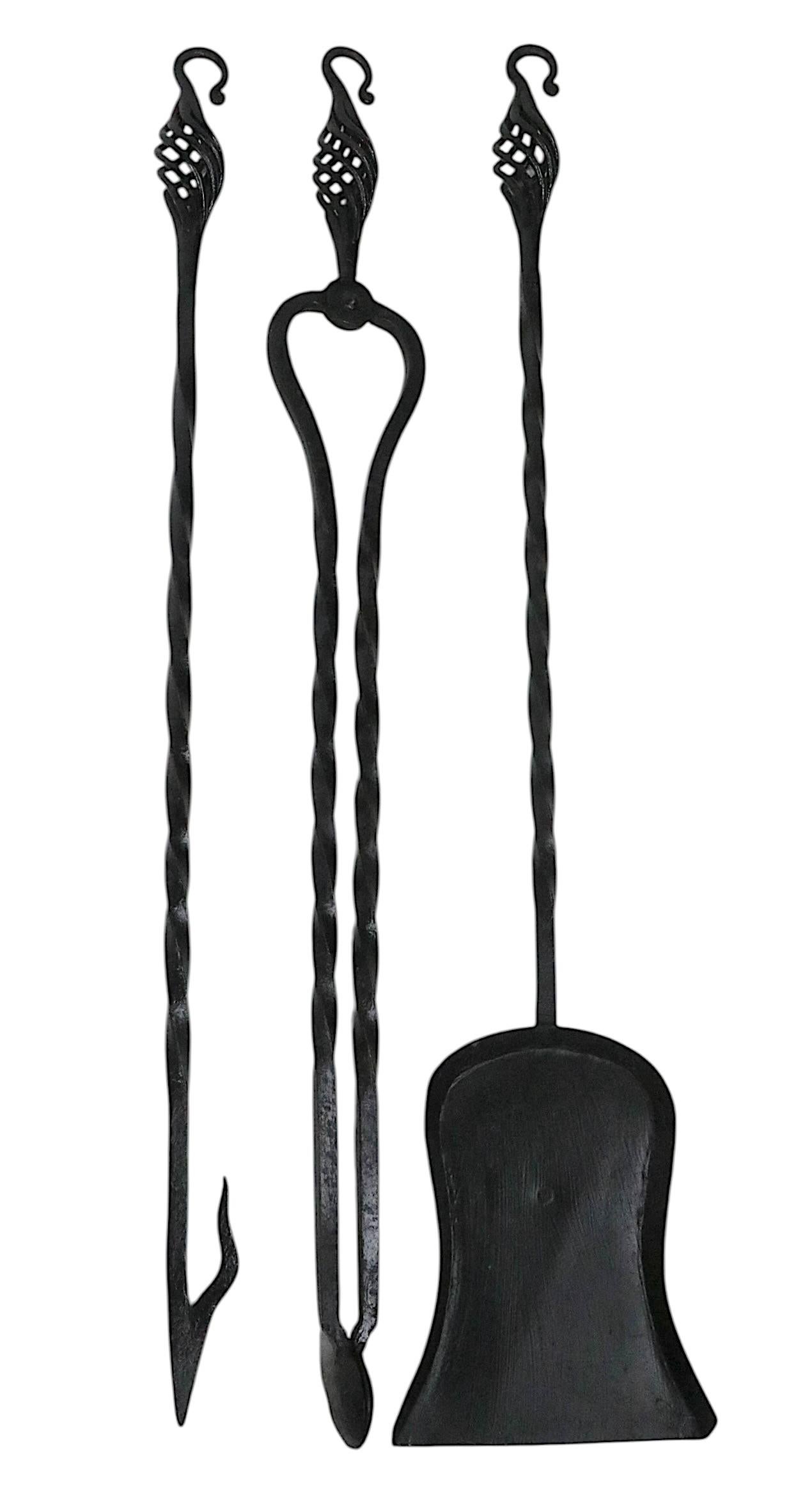 Antique Gothic Revival Style Four Piece Wrought Iron Fireplace Tool Set For Sale 5