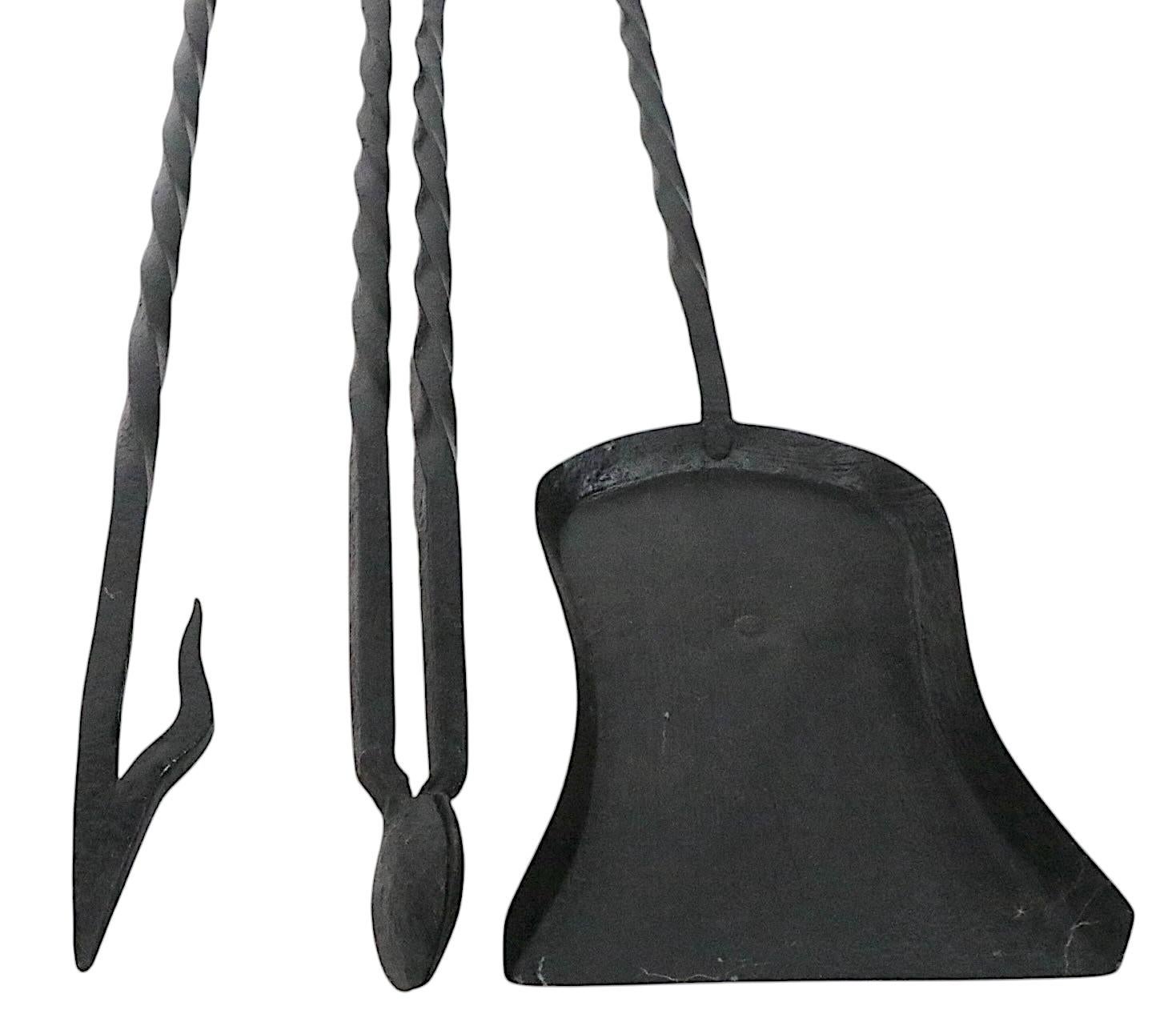 Antique Gothic Revival Style Four Piece Wrought Iron Fireplace Tool Set For Sale 7