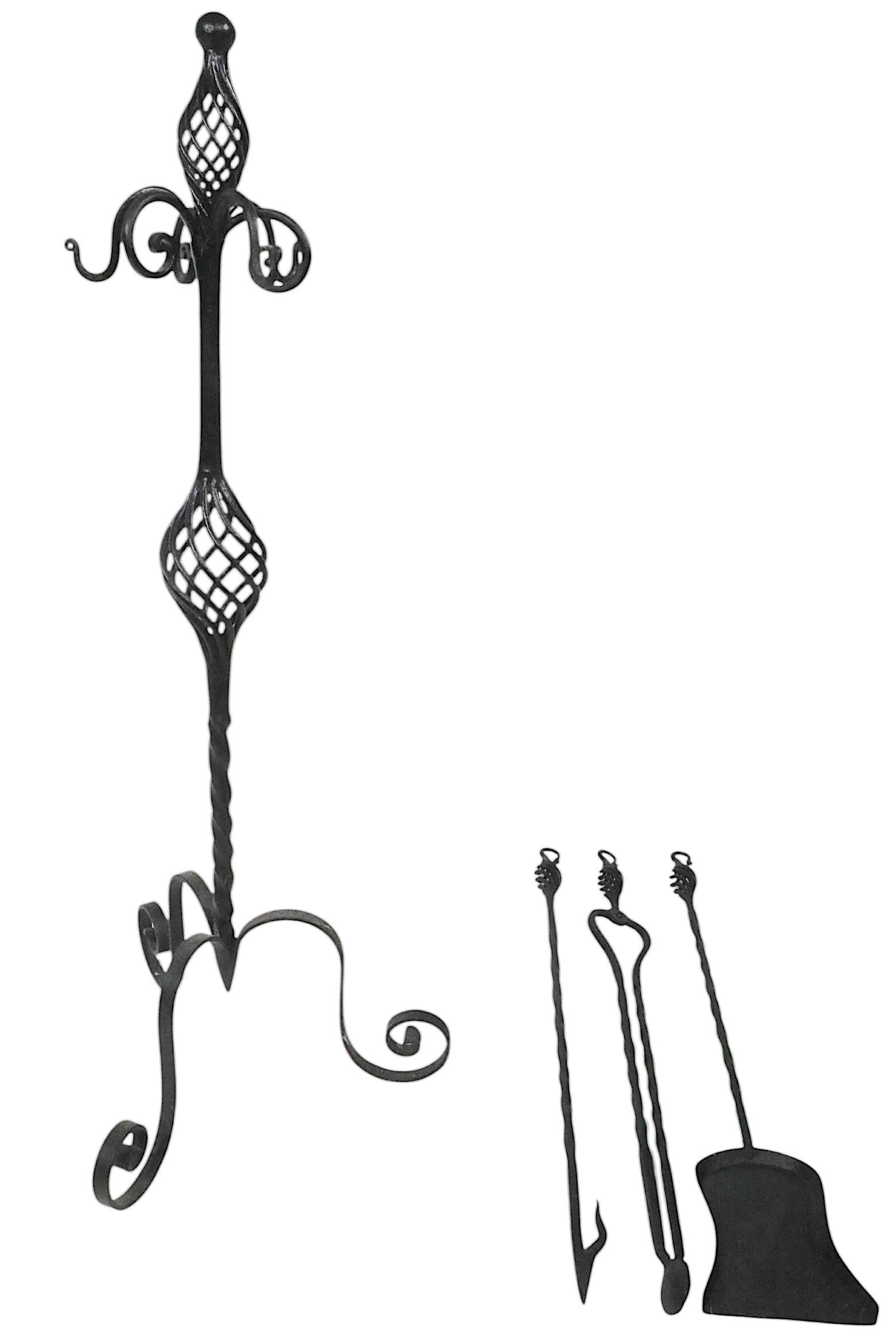 Antique Gothic Revival Style Four Piece Wrought Iron Fireplace Tool Set For Sale 9