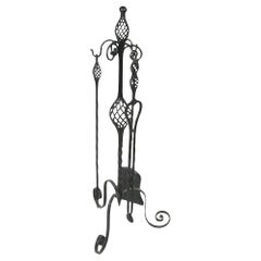 Antique Gothic Revival Style Four Piece Wrought Iron Fireplace Tool Set