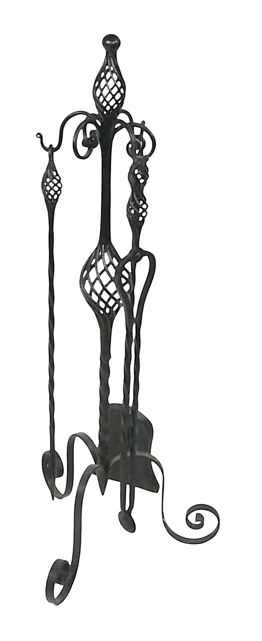 French Antique Gothic Revival Style Four Piece Wrought Iron Fireplace Tool Set For Sale