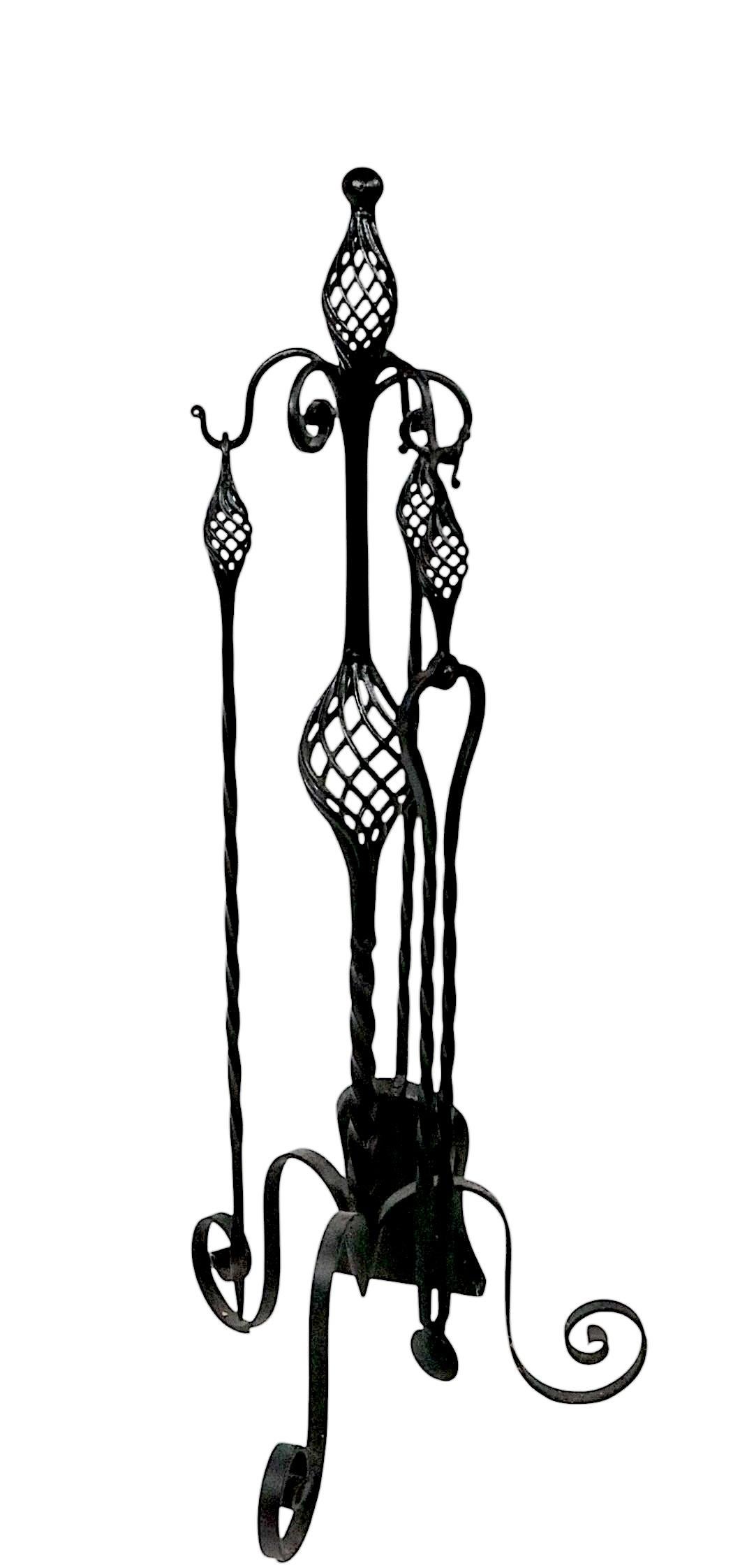 20th Century Antique Gothic Revival Style Four Piece Wrought Iron Fireplace Tool Set For Sale